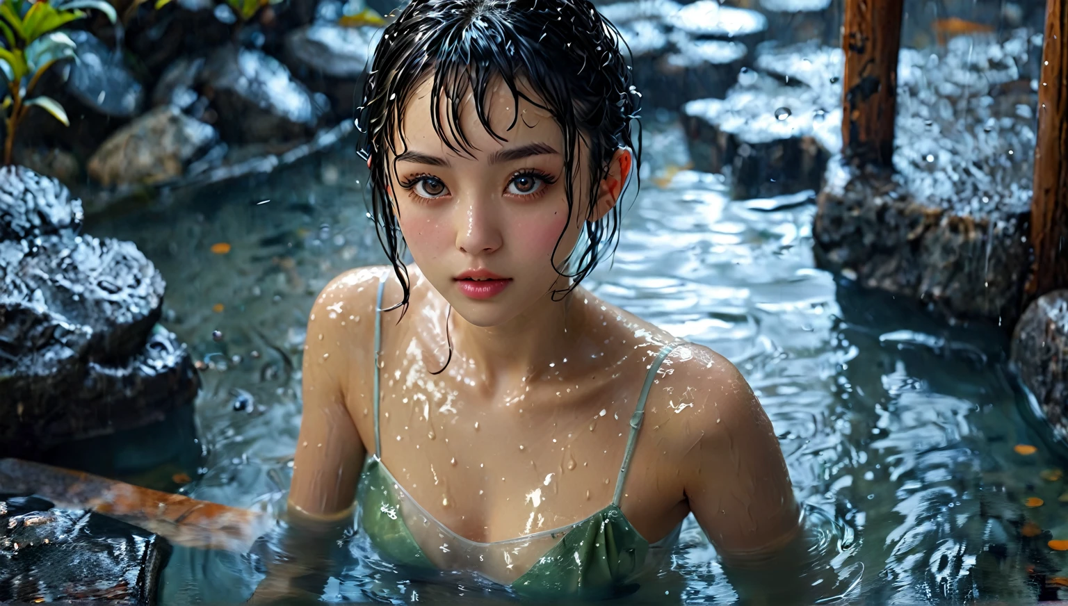 Top Quality, Masterpiece, High Resolution, 8k, wide objective, full body shot, ((cute girl in a onsen, wet see-through tunic, short pixie asymmetrical hair, small perky breasts, beautiful detailed eyes, beautiful detailed lips, extremely detailed face, no lipstick, no makeup, at night, dim light))