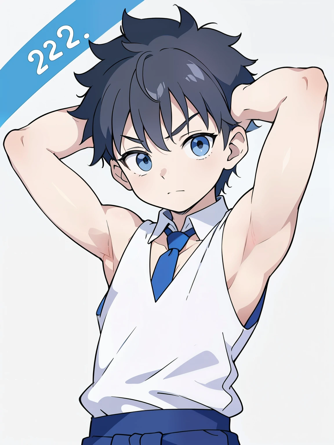 Highres, Masterpiece, Best quality at best,Best Quality,hight quality, hight detailed, Anime style, , 1boy, Boy, Shota, Solo person, Young boy, upper body, slim body, neat hair, Sleeveless vest, tie,  bare shoulder, grey background, (Showing armpit:1.3), Give me a picture of the armpit of a young boy, the armpit looks clean and smells good, the armpit is very beautiful, the boy is teasing using his armpit, shine closer to the armpit, Cute armpit, Sexy armpit, seductive armpits, Such a cute smooth armpit, The armpits of a boy, Adorable little armpits, Give me a proportional picture of a boy's armpits, (very young boy), (Very small and short body), uhd, bokeh