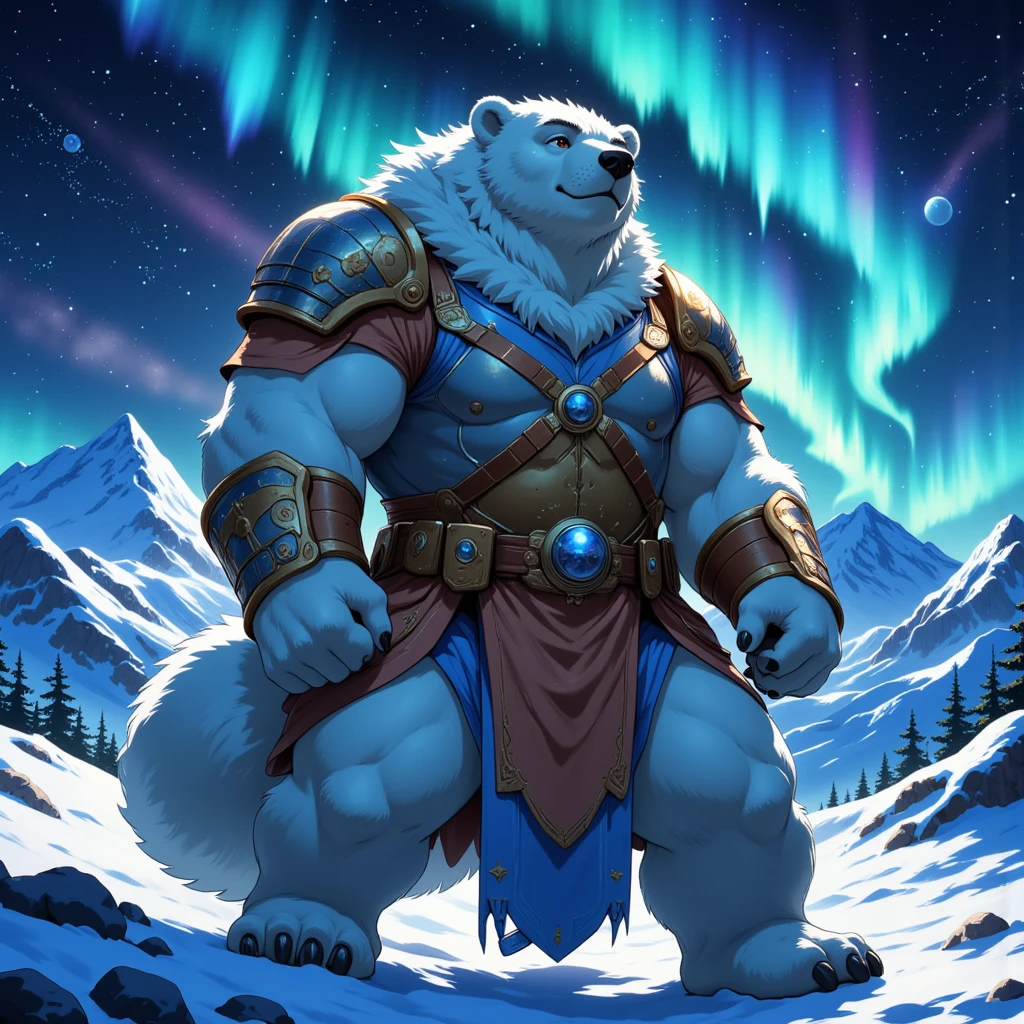 character focus, full body, looking away, various angle, Sci-fi, stellar explorer, a muscular middle-aged polar bear man, costume clothes, heroic costume, full face helme, full armor, mantle, pants, dynamic pose, BREAK complete anatomy, perfect proportions, beautiful thigh gap, fluffy body, intricate fur details, beautiful fur texture, BREAK (a detailed polar bear tail), detailed boots, detailed foot, detailed hands, 5fingers, 5fingers nails, BREAK aesthetic anime face, insanity detailed face, male face, big face, square jawline, aesthetic anime eyes, detailed brown eyes, detailed brown cornea, detailed dark brown irises, detailed pupils, male eyes, big eyes, male eyebrows, innocent look, beautiful beard, BREAK full body in Michelangelo Buonarroti style, digital illustration anime, housamo style, detailed painting landscape, a planet with life on the edge of the universe, glowing aurora borealis filling the night sky, arctic, outdoor, full color, HDR, BREAK masterpiece, official art, best quality, very aesthetic, absurdres, super fine illustration, great quality, BREAK noise reduction, very highres, large filesize, high quality, 32K, 8k wallpaper, dynamic lighting, BREAK insanity detailed, ultra detailed, intricate details, extremely detailed, detailed texture, an extremely delicate and beautiful, BREAK osukemo, e621 illustration, kemohomo, anthropomorphic, furry, cartoon, harmonious body, pastoral face, virtuous eyes, epic atmosphere