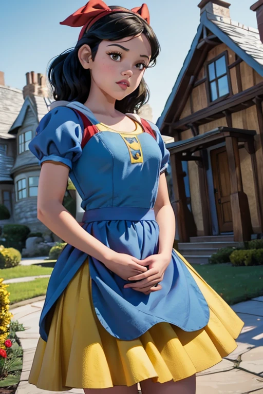 1girl, young girl, Jenna Ortega as Snow White, outside 7 dwarfs house, blue dress, yellow skirt, red ribbon headband 