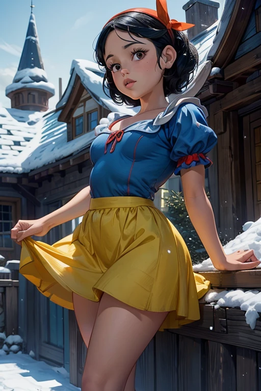 1girl, young girl, Jenna Ortega as Snow White, outside 7 dwarfs house, blue dress, yellow skirt, red ribbon headband 