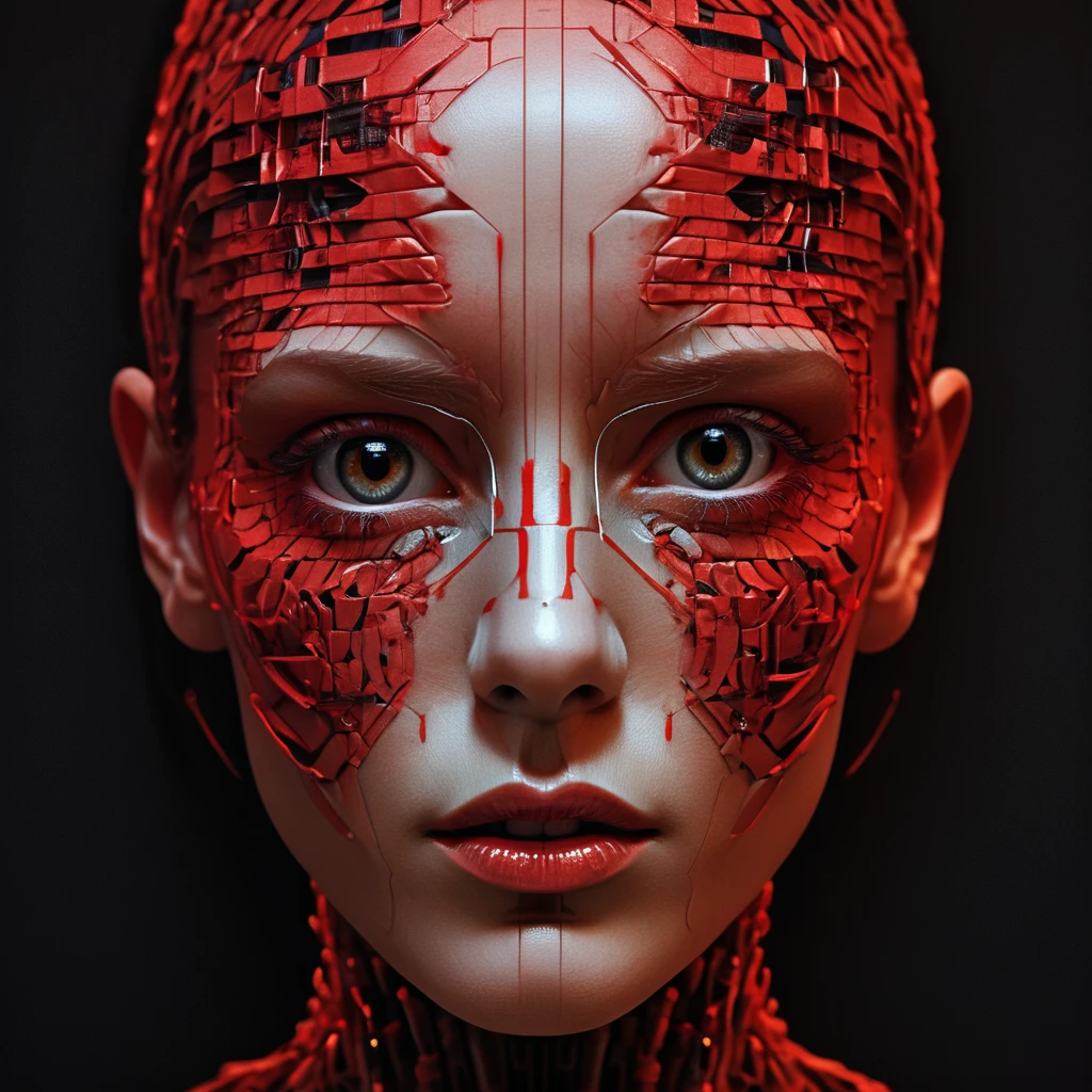 a black and red photo of a woman's face, digital art, generative art, abstract painting,expressive digital art, portrait of an android, abstract album cover, intertwined a dissolving, staring, messy, revolutionary new toilet paper for robots and androids