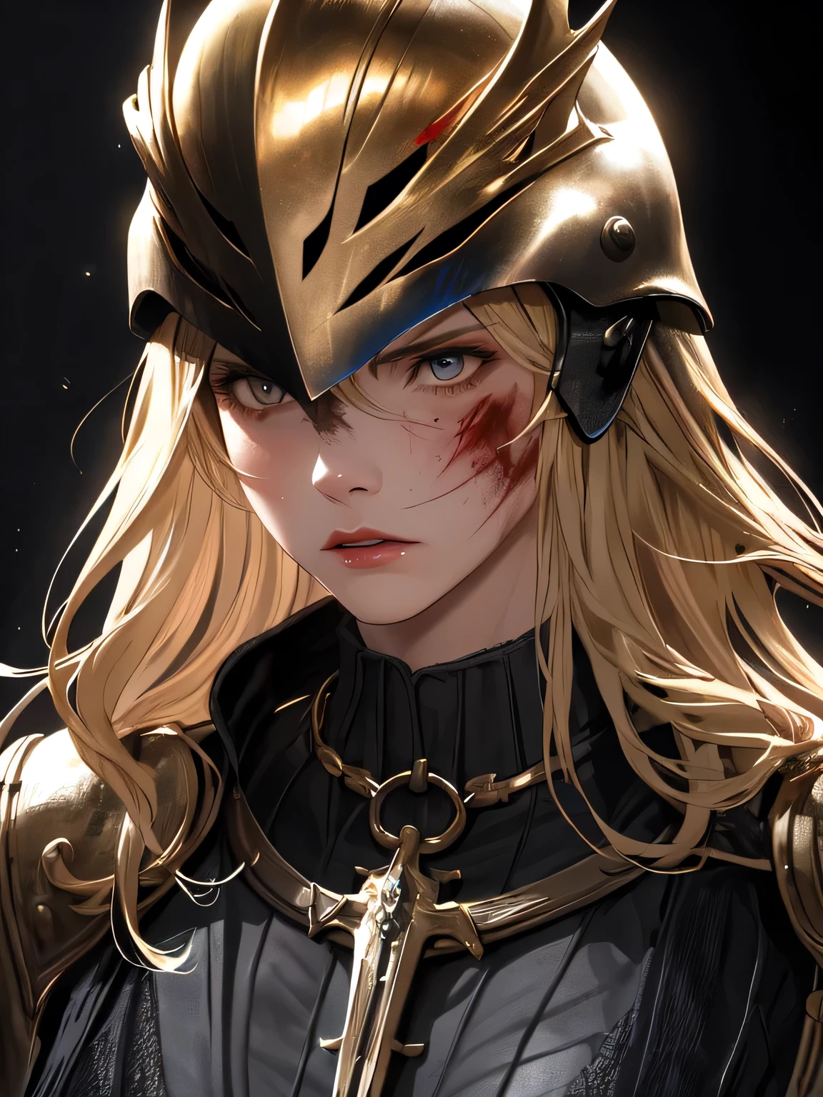 a beautiful young woman, 29 years old, in shining light medieval armor, dress, athletic physique, blonde hair, serious expression, light helmet, dark background, masterpiece, 4k, shiny skin, blood bruise, falcon helmet, dramatic lighting, cinematic composition, highly detailed, photorealistic