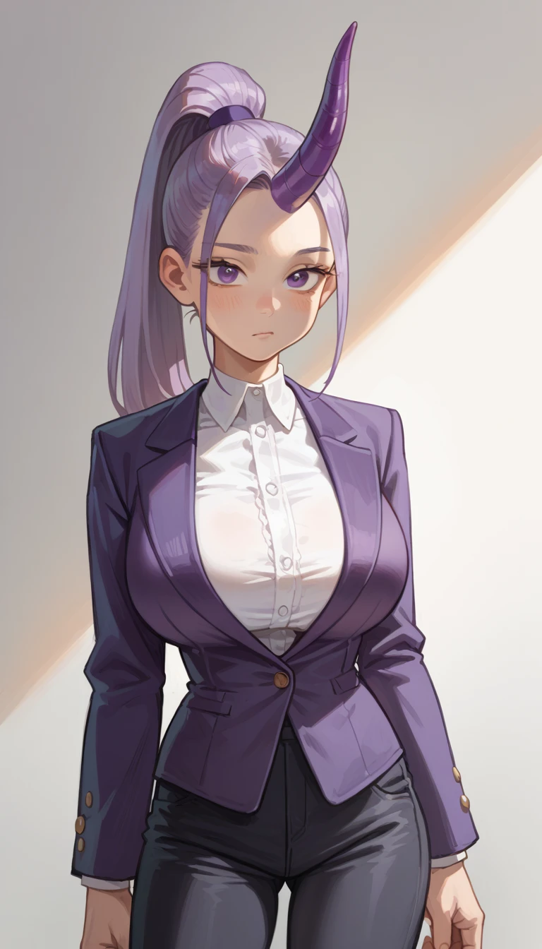 Shion from Slime anime, long lavender ponytail with long parted bangs, purple eyes, tall, adult sexy curvy body, slim waist, beautiful woman, ((single dark purple horn on forehead)), gigantic breasts, wearing purple blazer and pants,