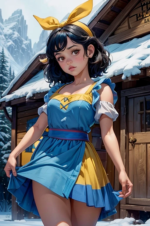 1girl, young girl, Jenna Ortega as Snow White, outside 7 dwarfs hut, blue dress, yellow skirt, red ribbon headband 