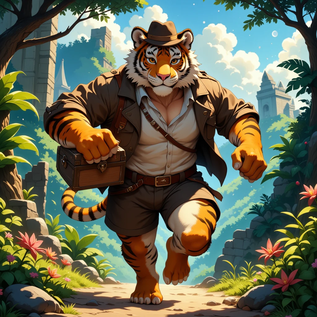 character focus, full body, looking away, dynamic angle, treasure hunter, a muscular middle-aged dandy tiger man, full body in Michelangelo Buonarroti style, housamo style, digital illustration anime, BREAK clothes costume, hat, jacket, shirt, half pants, holding treasure chest, run away, running through a forest, dynamic pose, detailed painting landscape, jungle ruins, outdoor, full color, HDR BREAK complete anatomy, perfect proportions, beautiful thigh gap, fluffy body, intricate fur details, beautiful fur texture, BREAK detailed tiger tail, detailed toe, 5toes, 5toes nails, beautiful foot, detailed hands, 5fingers, 5fingers nails, BREAK aesthetic anime face, insanity detailed face, male face, big face, square jawline, aesthetic anime eyes, detailed brown eyes, detailed brown cornea, detailed dark brown irises, detailed pupils, male eyes, big eyes, male eyebrows, innocent look, beautiful beard, BREAK masterpiece, official art, best quality, very aesthetic, absurdres, super fine illustration, great quality, BREAK noise reduction, very highres, large filesize, high quality, 32K, 8k wallpaper, dynamic lighting, BREAK insanity detailed, ultra detailed, intricate details, extremely detailed, detailed texture, an extremely delicate and beautiful, BREAK e621 illustration, osukemo, kemohomo, anthropomorphic, furry, cartoon, harmonious body, pastoral face, virtuous eyes, epic atmosphere 