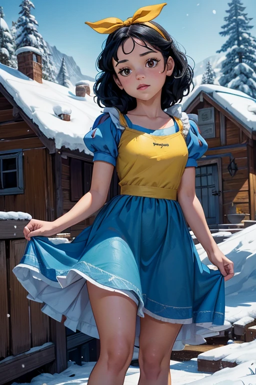 1girl, young girl, Jenna Ortega as Snow White, outside 7 dwarfs hut, blue dress, yellow skirt, red ribbon headband 