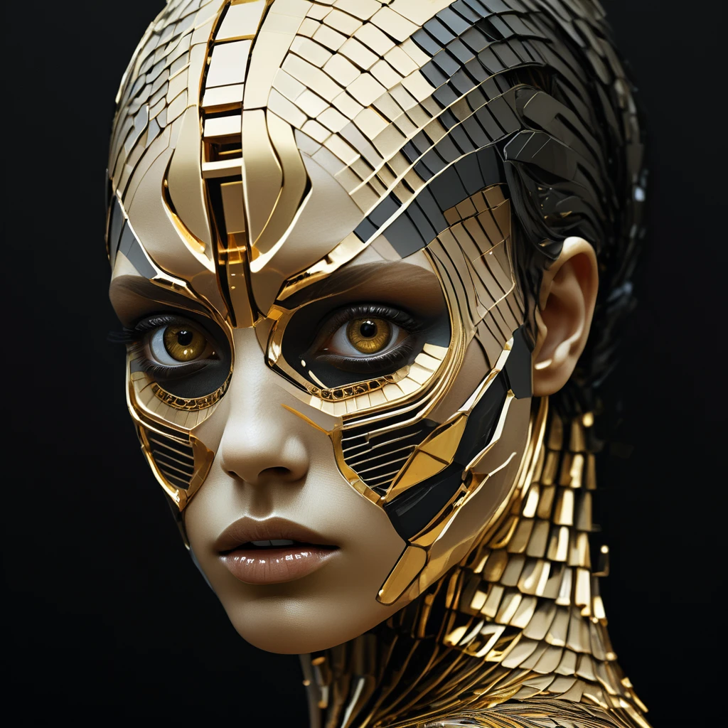 a black and gold photo of a woman's face, digital art, generative art, abstract painting,expressive digital art, portrait of an android, abstract album cover, intertwined a dissolving, staring, messy, revolutionary new toilet paper for robots and androids