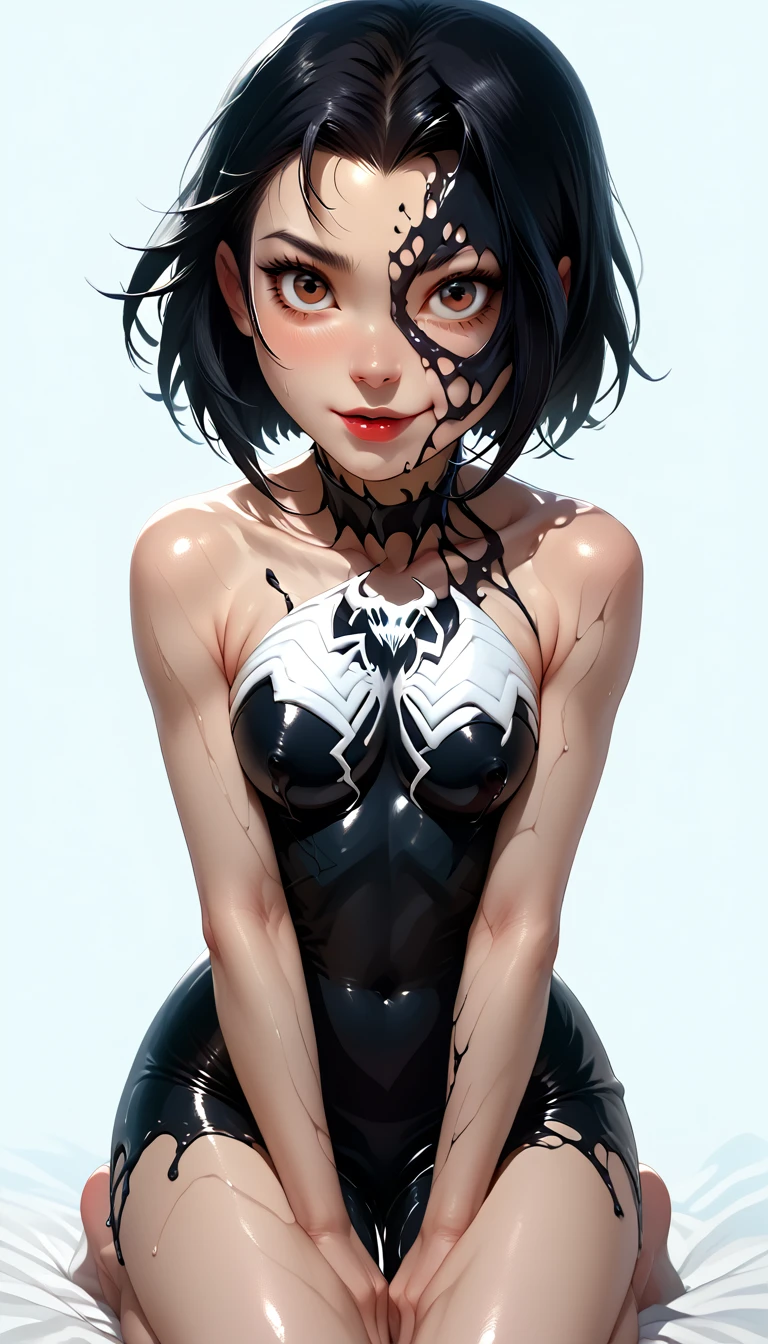 sexy female character art, (hews art style:0.7), score_9, score_8_up, score_7_up, score_6_up, uncensored, Jadechan being taken over by She-Venom, short black hair, dark hair, forehead, brownish-red eyes, BREAK (masterpiece:1.2), best quality, high resolution,(detailed eyes:1.3), perfect lighting,(perfect hands, perfect anatomy), large breasts, venom_assimilation, transformation, dehumanization, kneeling, corruption, (digital painting, concept art, smooth, sharp focus, intricate details, UHD, masterpiece: 1.2), accentuated nipples, slim and busty body type, pro-style digital_illustion from pivix, bratty, clean youthful face, teen-like, dual-persona face, half-good/half-venom face, transforming into venom, Jackie_Chan_Adventures/Venom crossover, blank background,