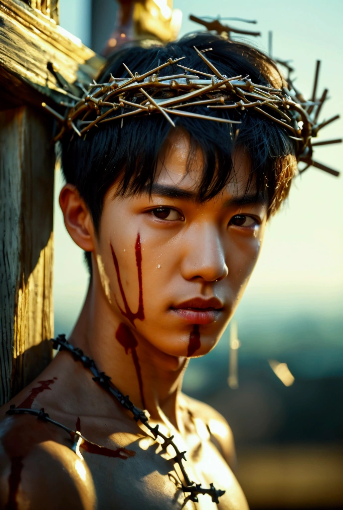 masterpiece, best quality, expressive eyes, perfect face, 4K. High resolution pictures. Crucifixion of short hair cute Korean boy wear a crown of thorns, lean 19-years-old Korean boy crucified to a wooden cross in a dramatic scene, fainted on the cross, surrounded by other crucified figures, a sunny sunlight so hot and bright. Sweaty oily body.