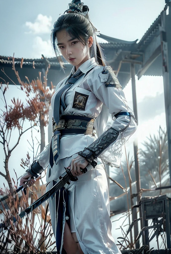  photo realistic. A Japanese girl with a ponytail, wearing a long-sleeved white shirt, blue skirt, ((blue tie)) decorated with intricately ornamented chest and shoulder armor. Holding a ninja weapon, posing ready for battle, morning sky, high realism, high detail, 4K, HDR, true proportions, ultra high definition, real person, facing the camera, ninja shoes.