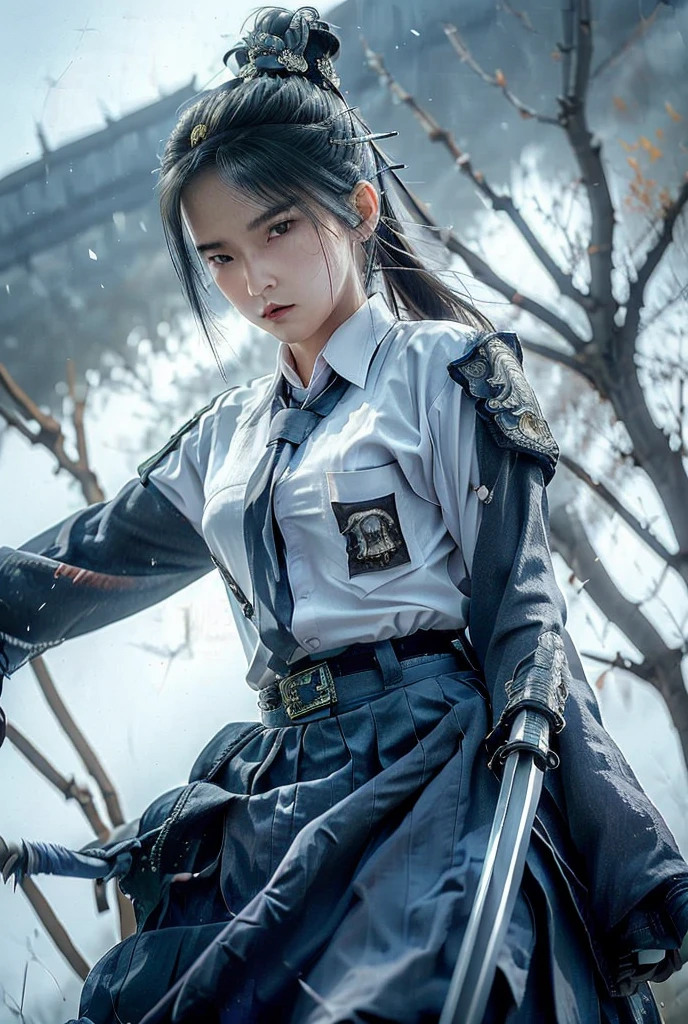  photo realistic. A indoneisan ******girl with a ponytail, wearing a long-sleeved white shirt, blue skirt, ((blue tie)) decorated with intricately ornamented chest and shoulder armor. Holding a ninja weapon, posing ready for battle, morning sky, high realism, high detail, 4K, HDR, true proportions, ultra high definition, real person, facing the camera, ninja shoes.