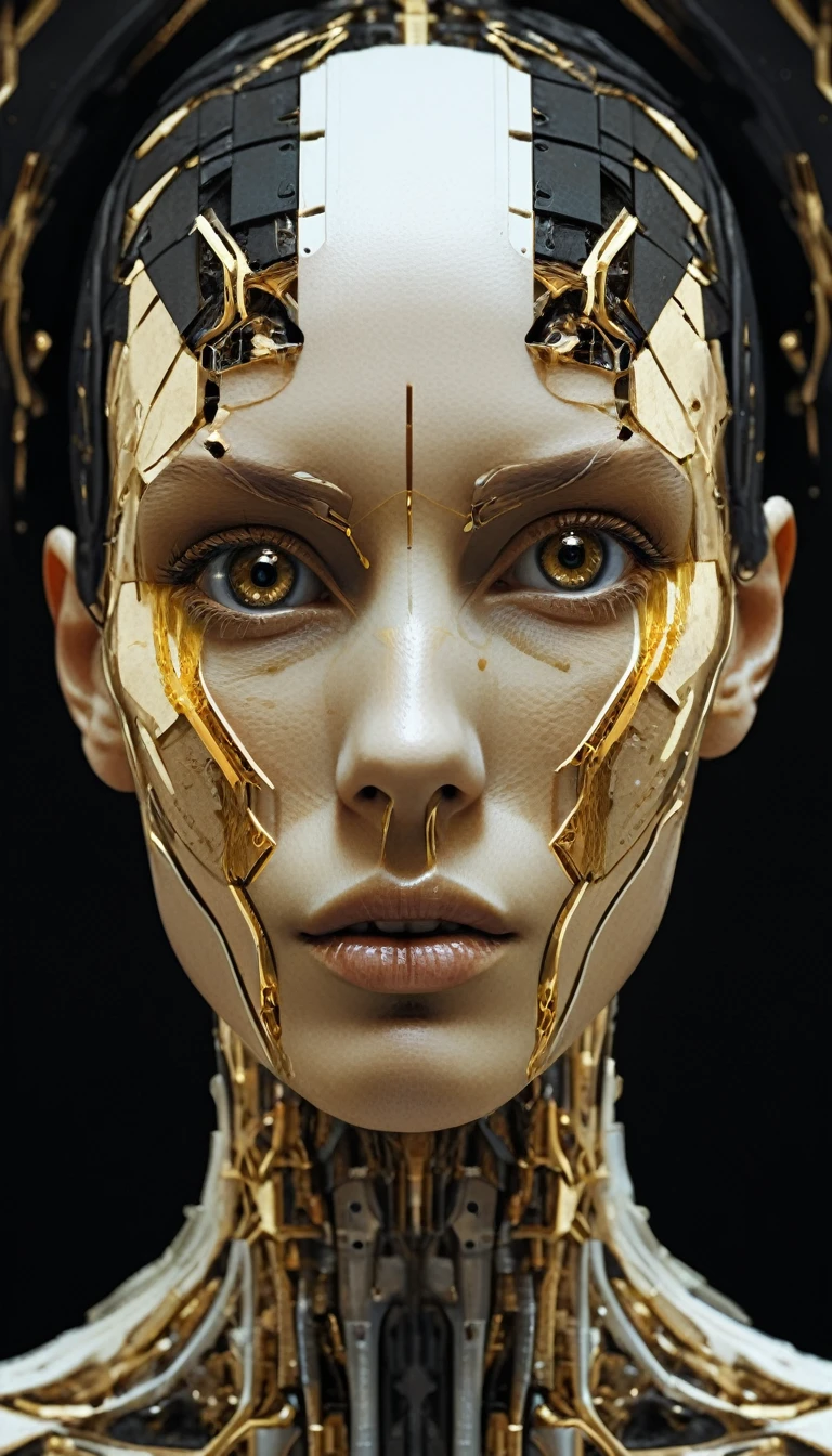 1body, a black and gold photo of a woman's face, digital art, generative art, abstract painting,expressive digital art, portrait of an android, abstract album cover, intertwined a dissolving, staring, messy, revolutionary new toilet paper for robots and androids