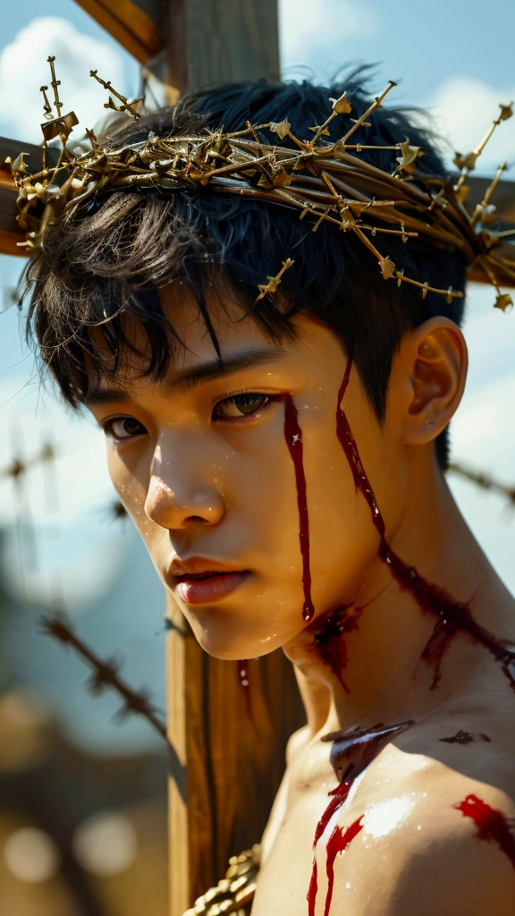 masterpiece, best quality, expressive eyes, perfect face, 4K. High resolution pictures. Crucifixion of short hair cute Korean boy wear a crown of thorns, lean 19-years-old Korean boy crucified to a wooden cross in a dramatic scene, fainted on the cross, surrounded by other crucified figures, a sunny sunlight so hot and bright. Sweaty oily body.