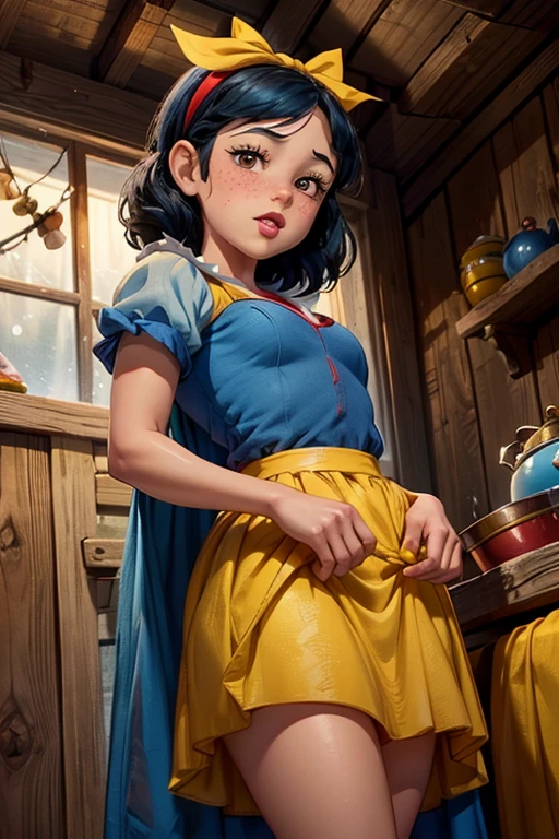 1girl, young girl, Jenna Ortega as Snow White, outside 7 dwarfs hut, blue dress, yellow skirt, red ribbon headband, freckles, blushing, red lips, 