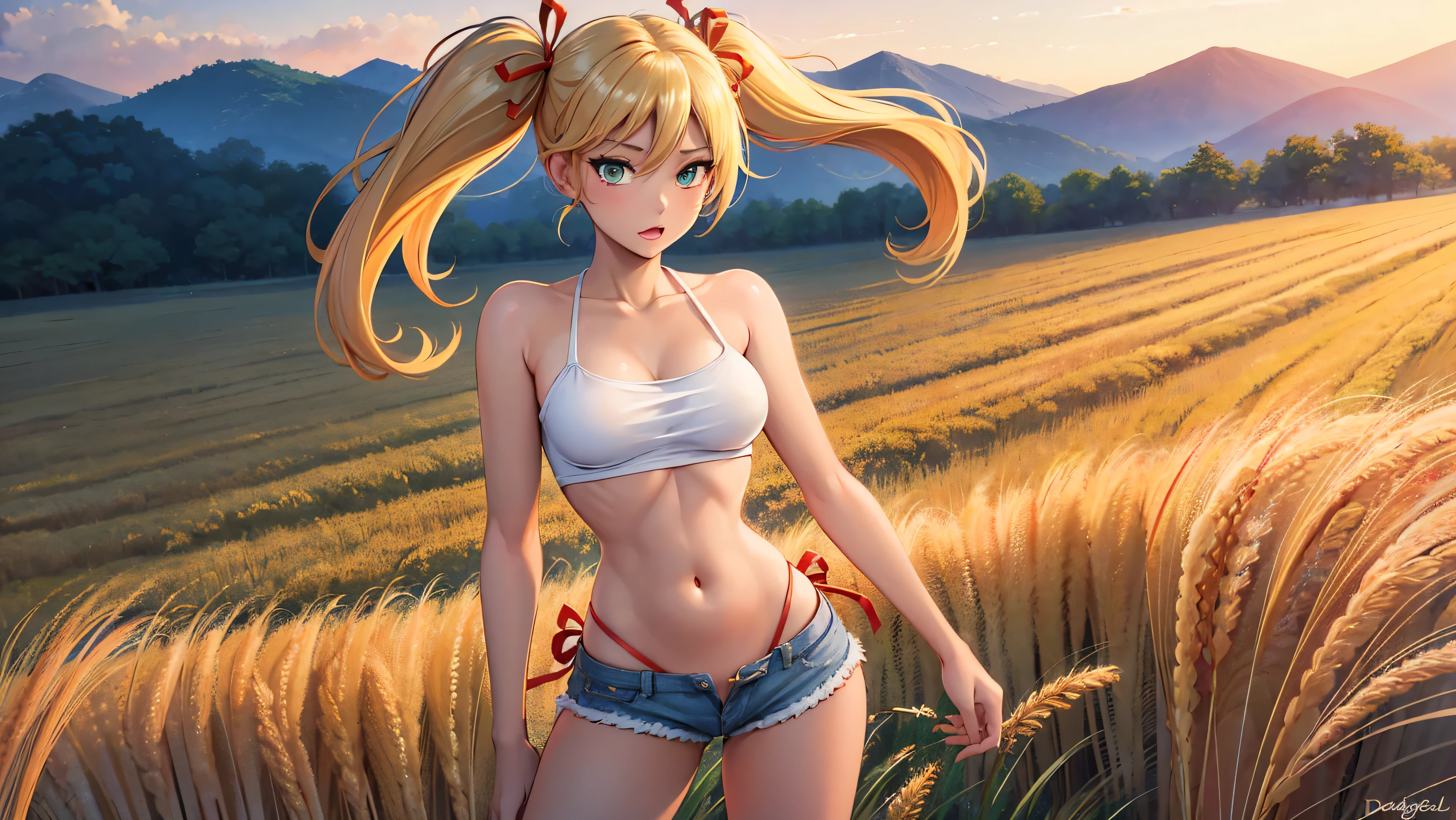 1girl, solo, (masterpiece, best quality, High Detail, 8K), blonde, long wavy hair, twintails with red ribbons in hair, dark tanned skin, extremely sexy, bikini tan, large breasts, Head to hips shot, Full body shot, cowboy shot, skinny, large green eyes, ((thin waist, small hips, long torso)), ((Dean Yeagle Style - Mandy)), wearing cutoff bluejean short-shorts, country girl, standing in a wheat field, farm background, wheat field,