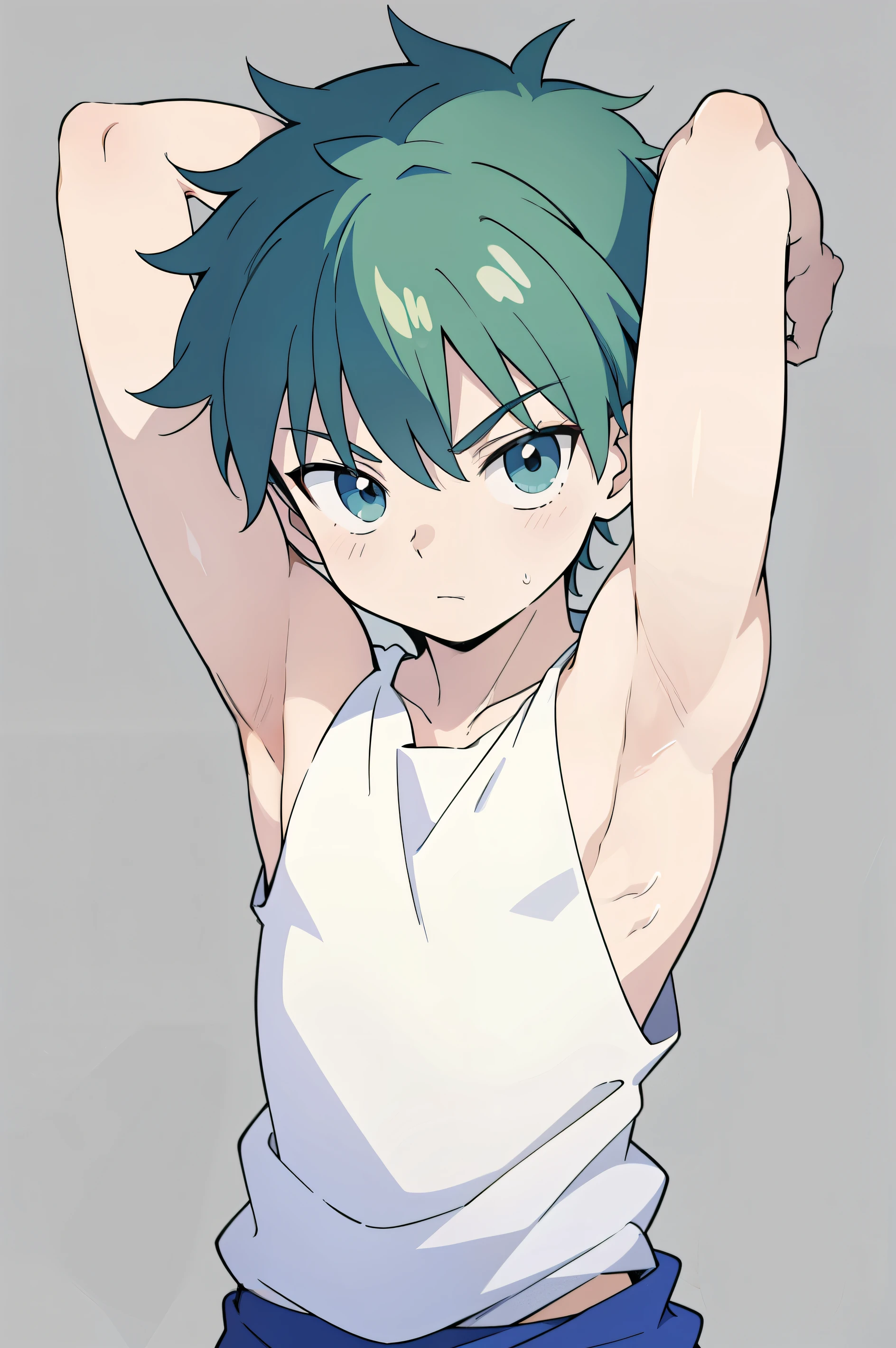 Highres, Masterpiece, Best quality at best,Best Quality,hight quality, hight detailed, Anime style, age 12, 1boy, Boy, Shota, Solo person, Young boy, upper body, slim body, green hair, Tank top, bare shoulder, grey background, (Showing armpit:1.3), Give me a picture of the armpit of a young boy, the armpit looks clean and smells good, the armpit is very beautiful, the boy is teasing using his armpit, shine closer to the armpit, Cute armpit, Sexy armpit, seductive armpits, Such a cute smooth armpit, The armpits of a boy, Adorable little armpits, Give me a proportional picture of a boy's armpits, (very young boy), (Very small and short body), uhd, bokeh