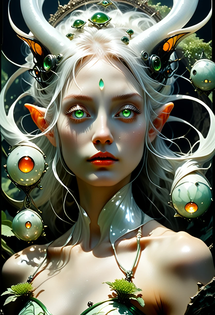 Fantasy Surrealism in the style of Brian Froud. Ultra-detailed 3D, 16K. Create image of a surreal woman in development in a pod, with scaly mother of pearl skin, onyx/green eyes, white hair, and green organic root-like feeding filaments all around. A surreal forest with translucent carnelian pods embedded in dark rocks in the background. Apply chiaroscuro, in the style of teddi mansueto, yami-yami, Alphonse Mucha, rackham