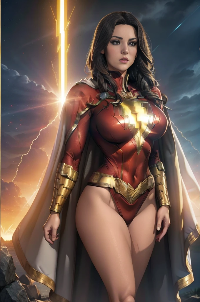 realistic 1.2, sensual pose, Mary marvel, (masterpiece, 4k resolution,  very detailed ) , uniforme do Shazam, Red cape , (DC comics), glistening skin, ,  natural lighting , full defined lips.  female physical form body,  big boobs, athletic body, glistening skin, ,  natural lighting , full defined lips.   female physical form body