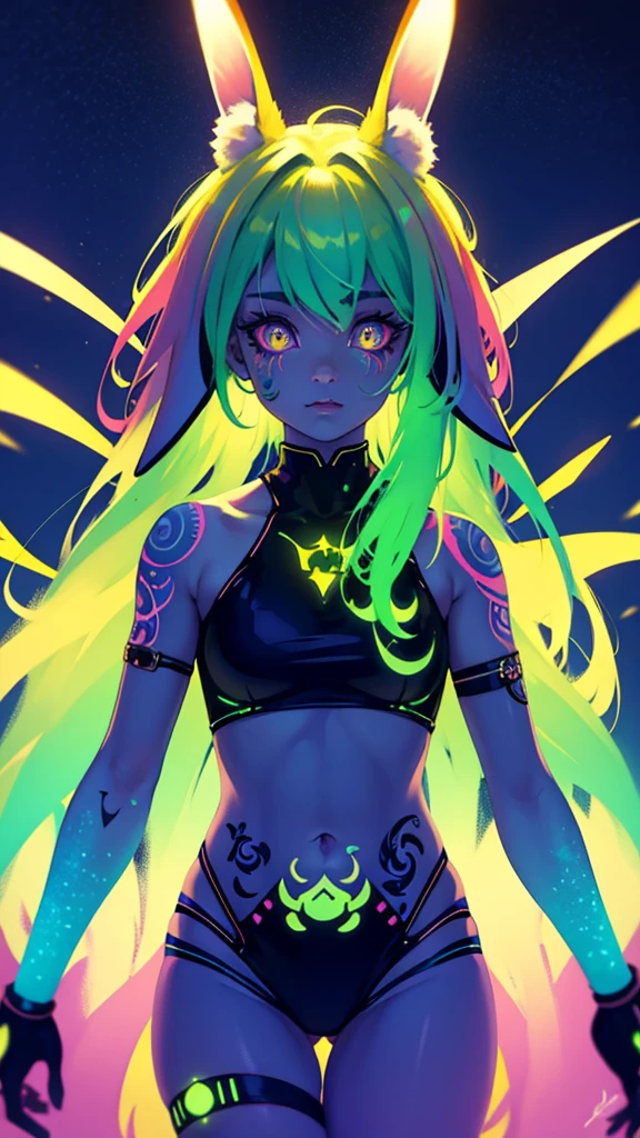 (masterpiece, Best quality, high resolution, ultra-detailed), (Beautiful and aesthetically pleasing: 1.2), A masterpiece image: ((1woman)), black long wavy hair, green eyes, perfect body, detailed eyes and face, cheerful holiday outfit, stylish bright blue shorts, green socks, yellow T-shirt with a bright print, purple sneakers, bright bracelets and earrings in retro style, children's party, neon light, dancing, dance floor,purple theme,bioluminescent fbpz body paint, monochrome