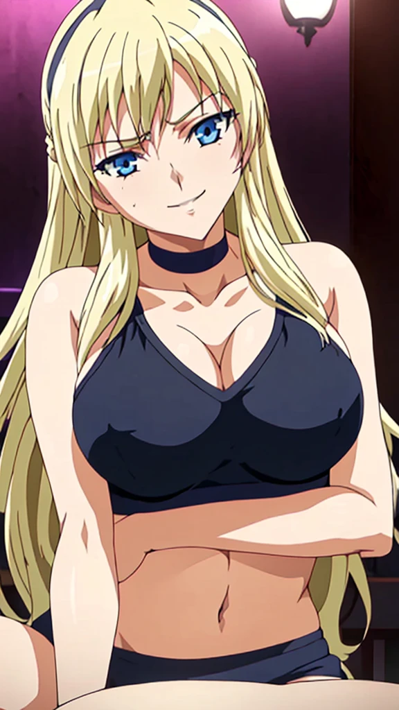  erotic 、Margarita Vazquez Homura、 tall、Big Breasts、Blonde、Blue eyes、Black sports bra　 sportswear、 choker、Evil Warrior、 sexy pose、 wicked smile、lure、Alluring、Pink wall、Dark bedroom at night、Fall into Darkness、Fallen into evil、Open your mouth slightly