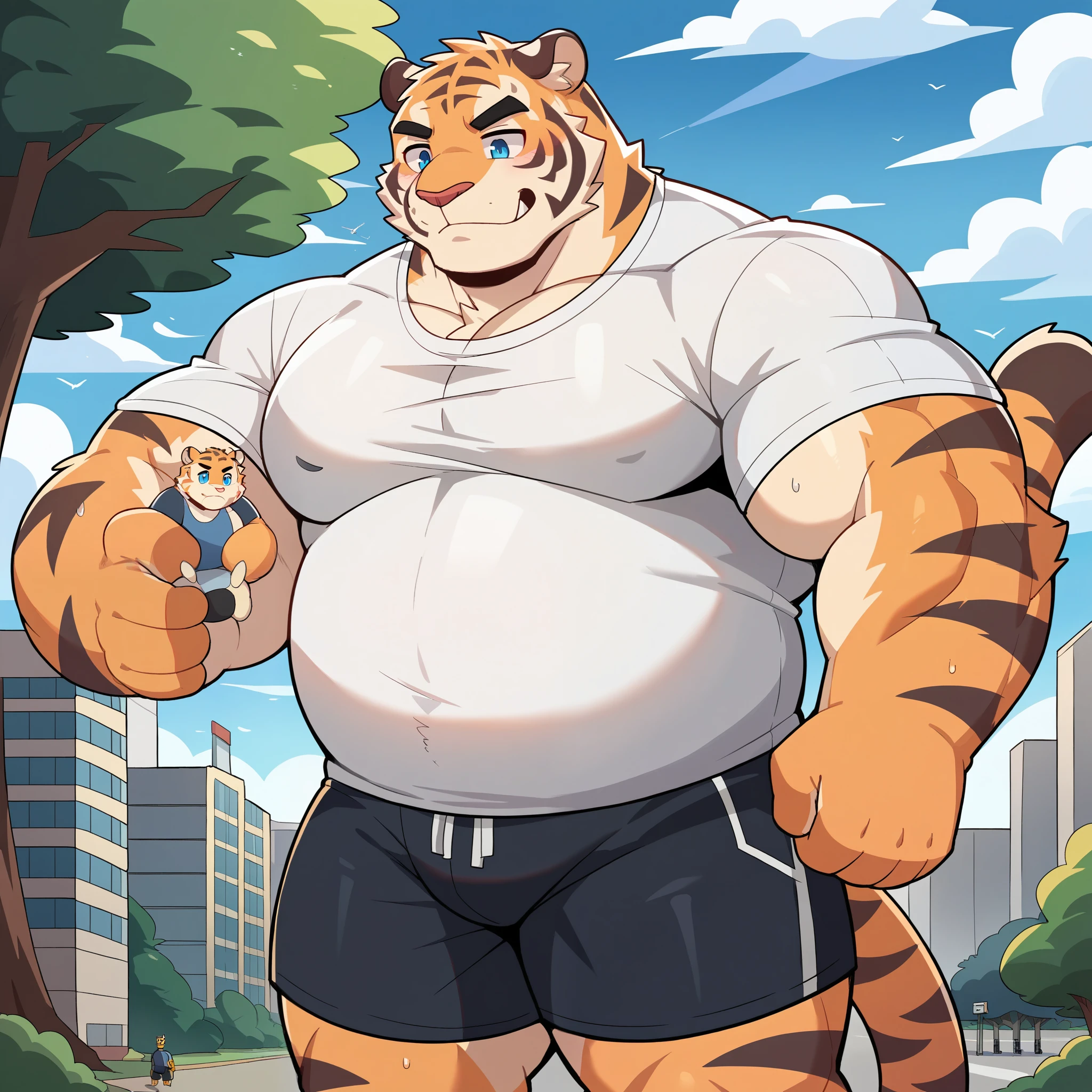 1boy, 1man, solo, (furry tiger), Park, extremely huge muscular, massive muscular , (topless, shirtless, shorts), well-muscled old man. ((extremely muscle size, super thick arms, huge pec, extremely wide pectoral , huge arms)), wide smiling. Add textures and details to make the image more realistic, such as the appearance of the. Make sure the resulting image is high resolution, 8K quality