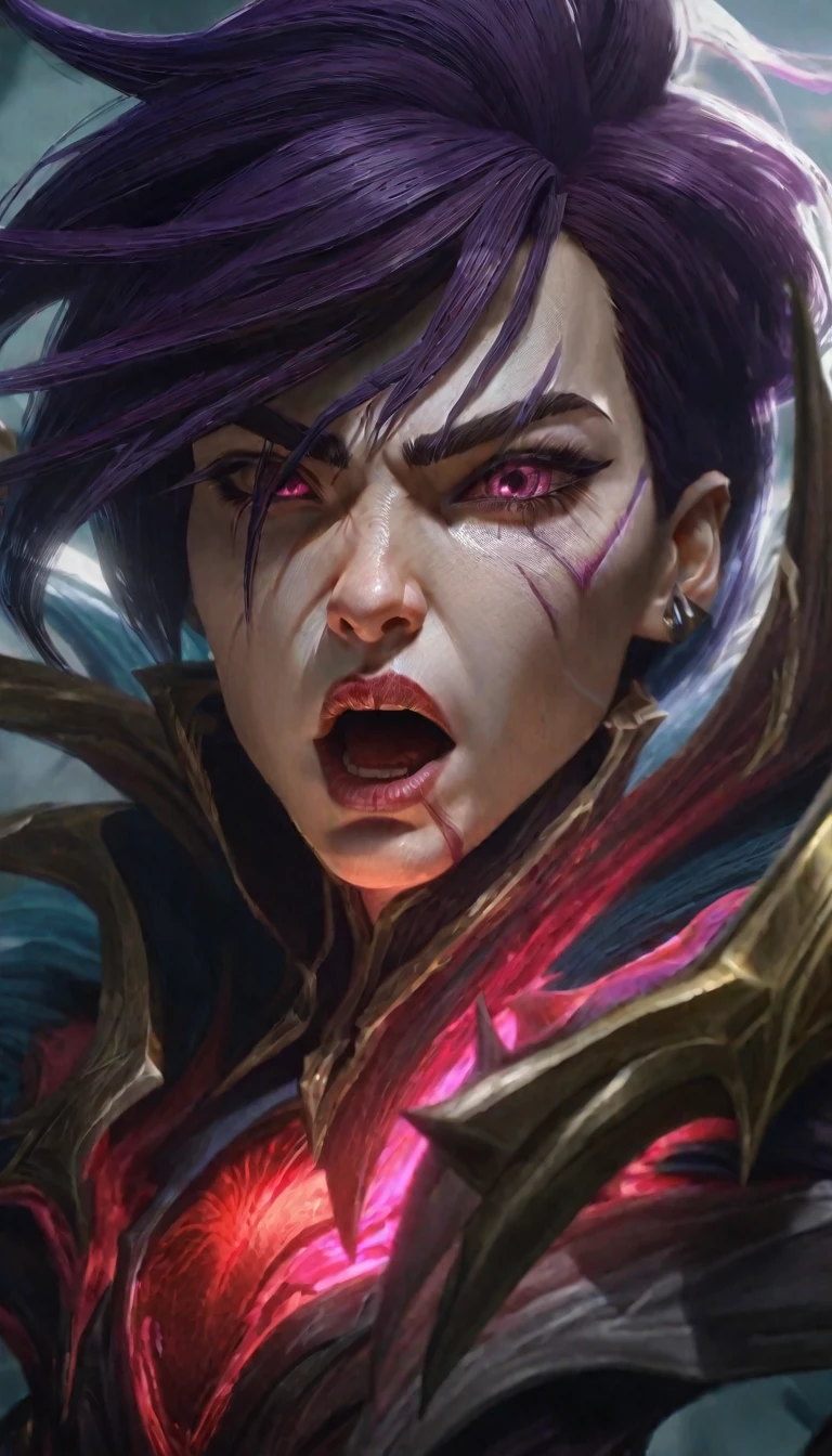 A candid portrait of Kai'sa from League of Legends fighting an enemy, highly expressive, detailed digital art, cinematic lighting, vibrant colors, hyper realistic, sharp focus, 8k, masterpiece, lolsplashart, league of legends,