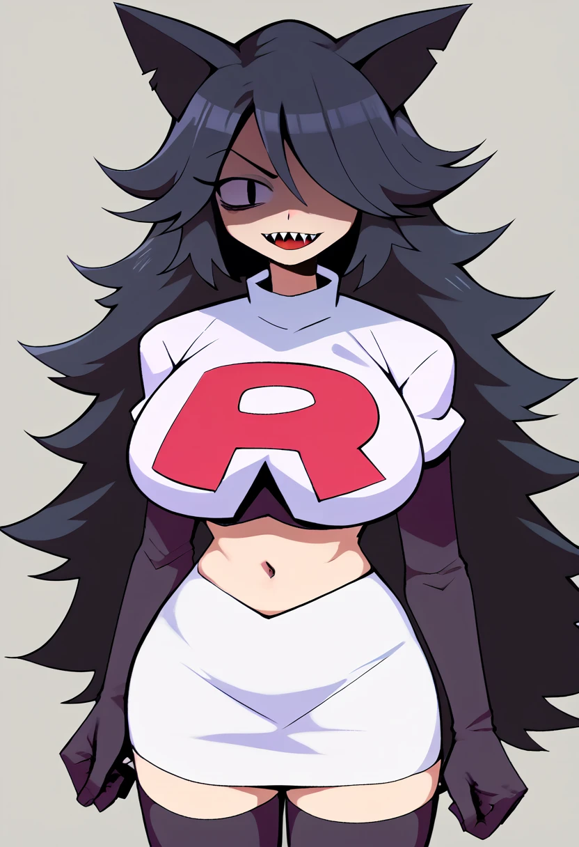 score_9, score_8_up, score_7_up, score_9,4k, HD, 8k, highres, antialiasing, texture, source_cartoon BREAK   MisscircleSDXL, 1girl,black eye, solo, black hair,long hair, sharp teeth, theet, looking at viewer, tall girl, large breasts, animal ears, very long hair, hair over one eye, monochrome, greyscale, wolf ears, shaded face, team rocket,team rocket uniform,white skirt,red letter R,crop top,black thigh-highs,black elbow gloves