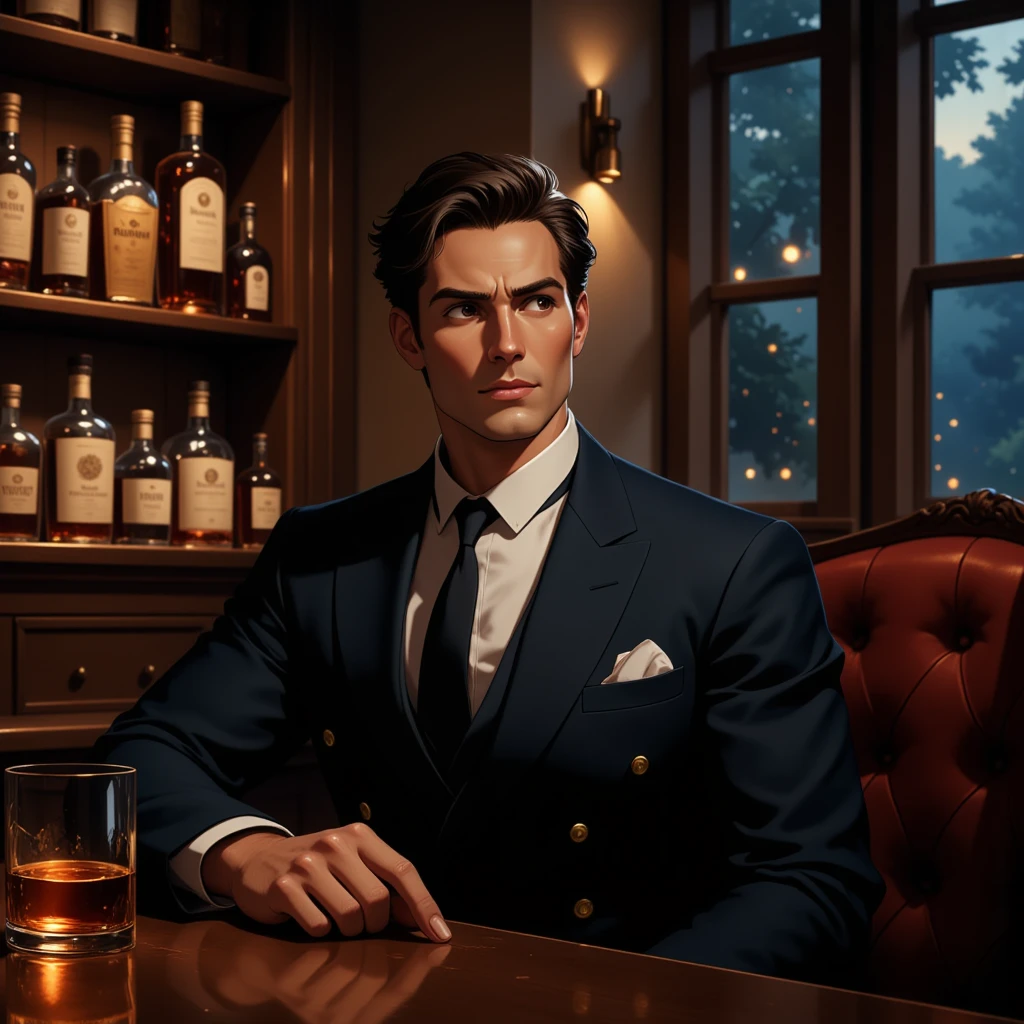 A sophisticated nighttime scene inside an elegant bar, where a dapper gentleman is enjoying a glass of whiskey. The tiger man, dressed in a tailored suit with a refined, confident demeanor, sits at a dimly lit bar counter. His expression is calm and contemplative as he holds a glass of amber-colored whiskey, the liquid catching the warm glow of the bar’s soft lighting. The bar has a classy atmosphere, with dark wood accents, leather seating, and shelves lined with premium spirits. Subtle details like polished glassware, flickering candlelight, and the quiet ambiance of the bar create a sense of luxury and refinement. The overall scene feels stylish, relaxed, and timeless.
(sophisticated bar, dapper gentleman, whiskey, tailored suit, dim lighting, amber liquid, refined atmosphere, dark wood accents, leather seating, premium spirits, polished glassware, candlelight, luxury, calm, contemplative, timeless)