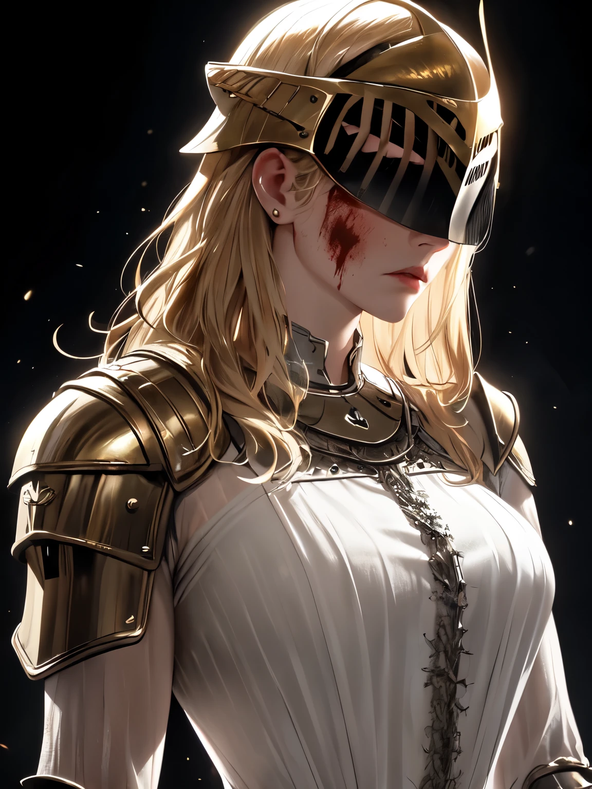 a beautiful young woman, 29 years old, in shining light medieval armor, dress, athletic physique, blonde hair, serious expression, light helmet, dark background, masterpiece, 4k, shiny skin, blood bruise, falcon helmet, dramatic lighting, cinematic composition, highly detailed, photorealistic