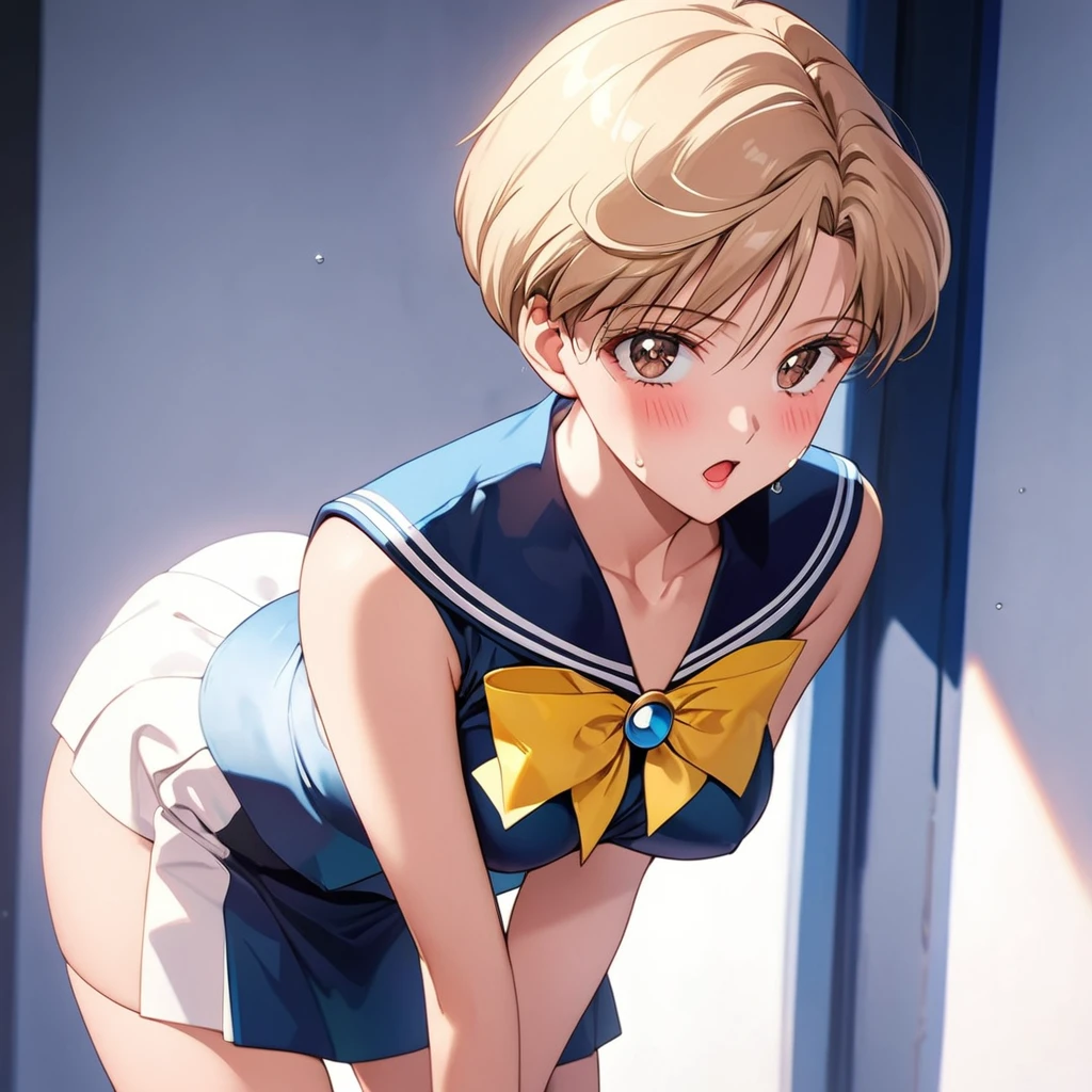 masterpiece, Best Quality, High resolution,16k,official art,super detailed skin,detailed,animated painting,(Haruka Tenoh),(E-cup beautiful breasts)、 (tall:1.2),height: 175cm,Fashion model body type、clevage,Sexy long legs, pale blondy hair,very shortcut hair、boyish,brown eyes, sexyな長い脚, (sailor uranus costume:1.5),Sweating all over the body、Muscular、1girl,solo,shy,blush,(vulgarity:1.2)、(Ahegao:1.3),Anime-style painting style,Close up on upper body,Cinematic lighting,Superfine,Seductively Posing,dynamic angle,extreme closeup shot,simple white background