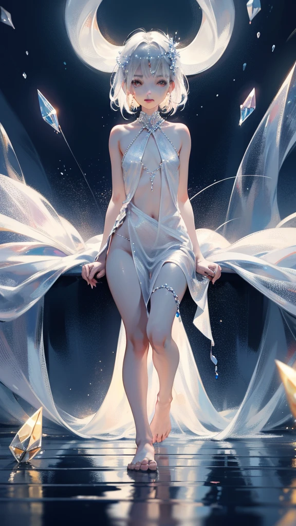 A girl、symmetry,Daughter,whole body female love,Put your hands together and bloom,(Very detailed:1.1),((small :1.2))、The eyes are well drawn、Charming eyes、Double tail、Wear jewelry and pearls around your neck,Transparent openwork、Deep V、Crystal Pearls、在Wear jewelry and pearls around your neck,white hair, show your thighs, Bare shoulders, Show clavicle, Yao Liu, barefoot,((whole body))、painful posture