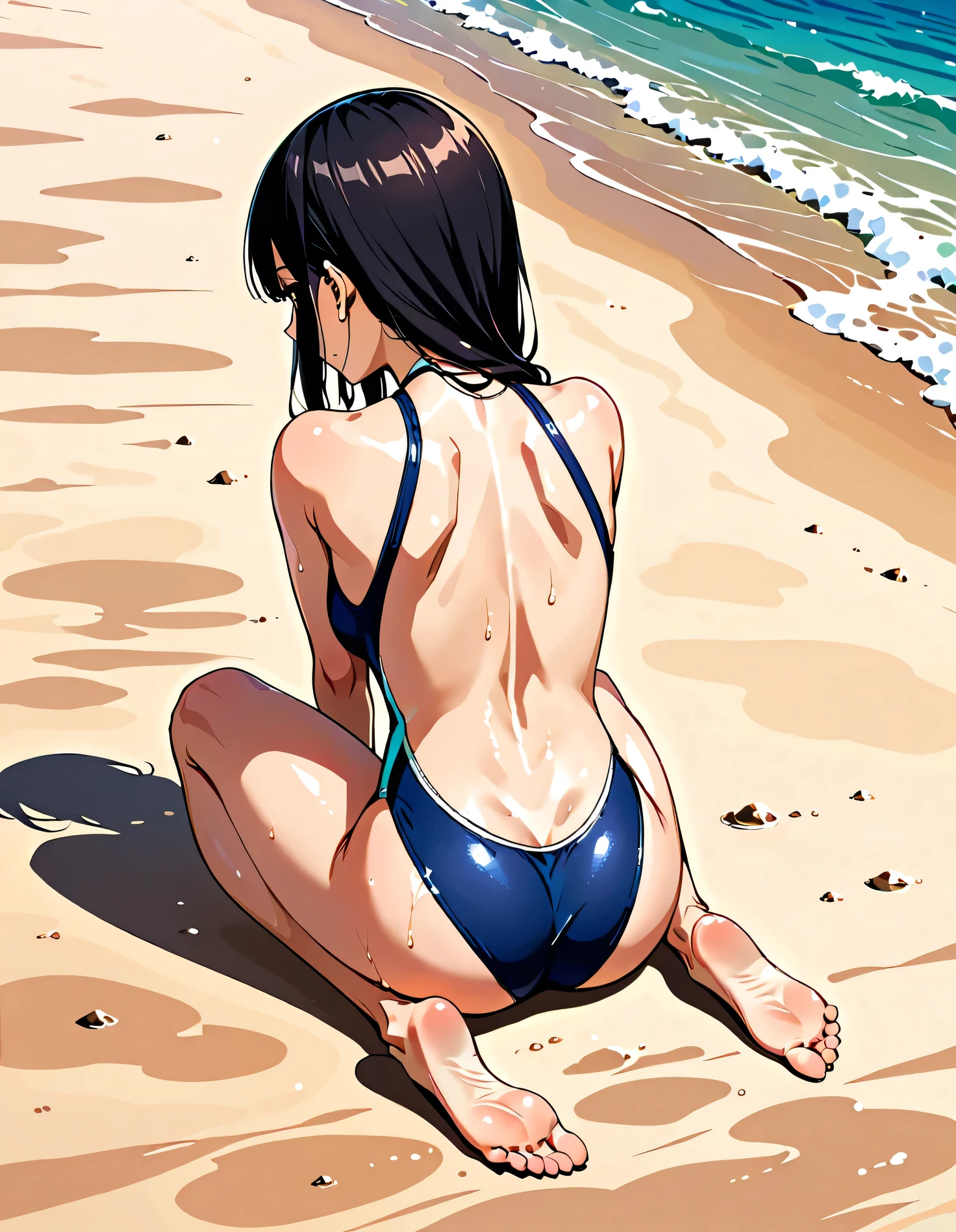 ((Full body front)), sweat, a picture of a woman in a backless swim suit sitting down, 1girl, swimsuit, Alone, one-piece swimsuit, is, barefoot, black hair, sitting, competition swimsuit, soles, feet, from behind