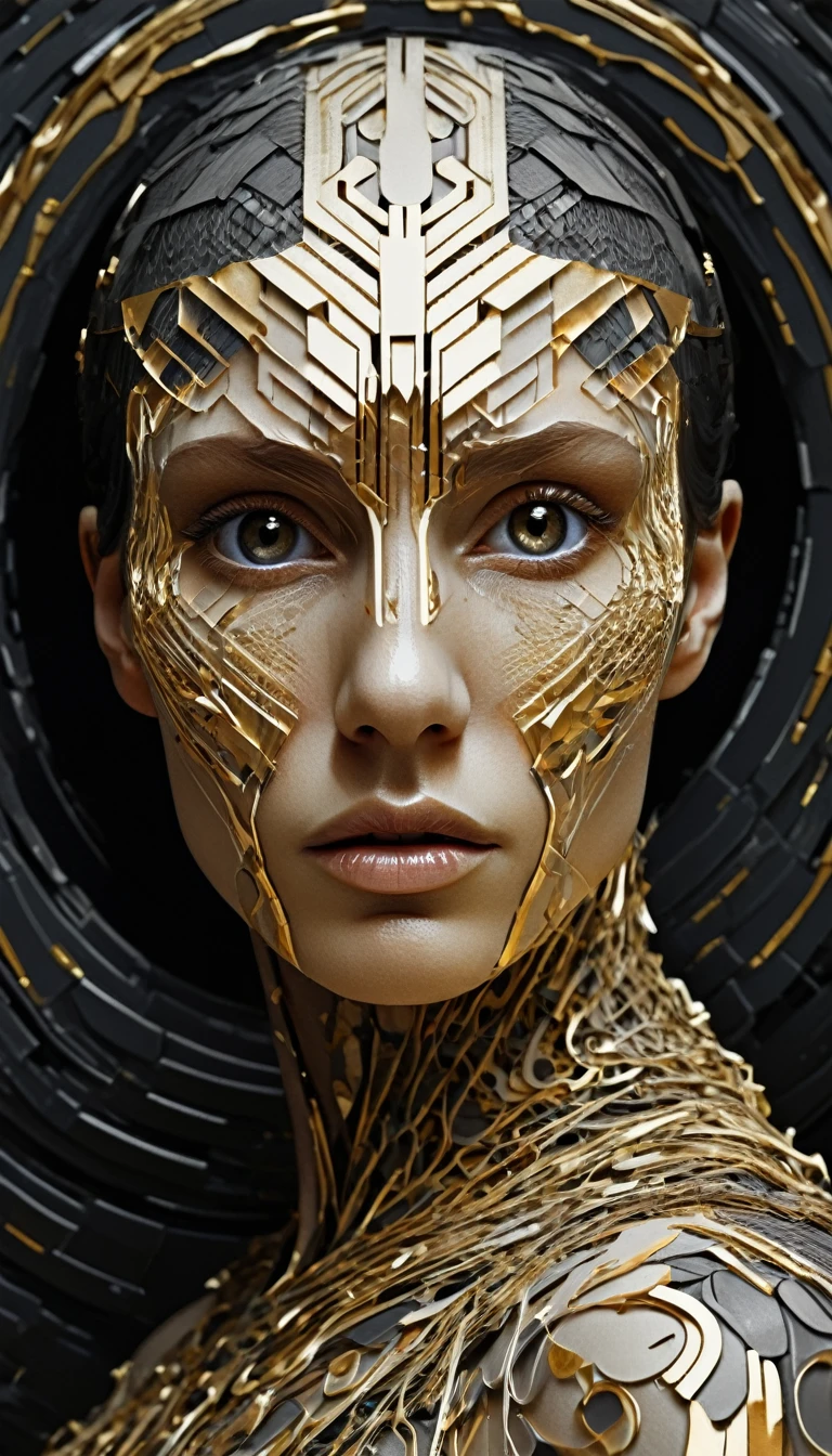 1body, a black and gold photo of a woman's face, digital art, generative art, abstract painting,expressive digital art, portrait of an viking, abstract album cover, intertwined a dissolving, staring, messy, revolutionary new toilet paper for robots and androids