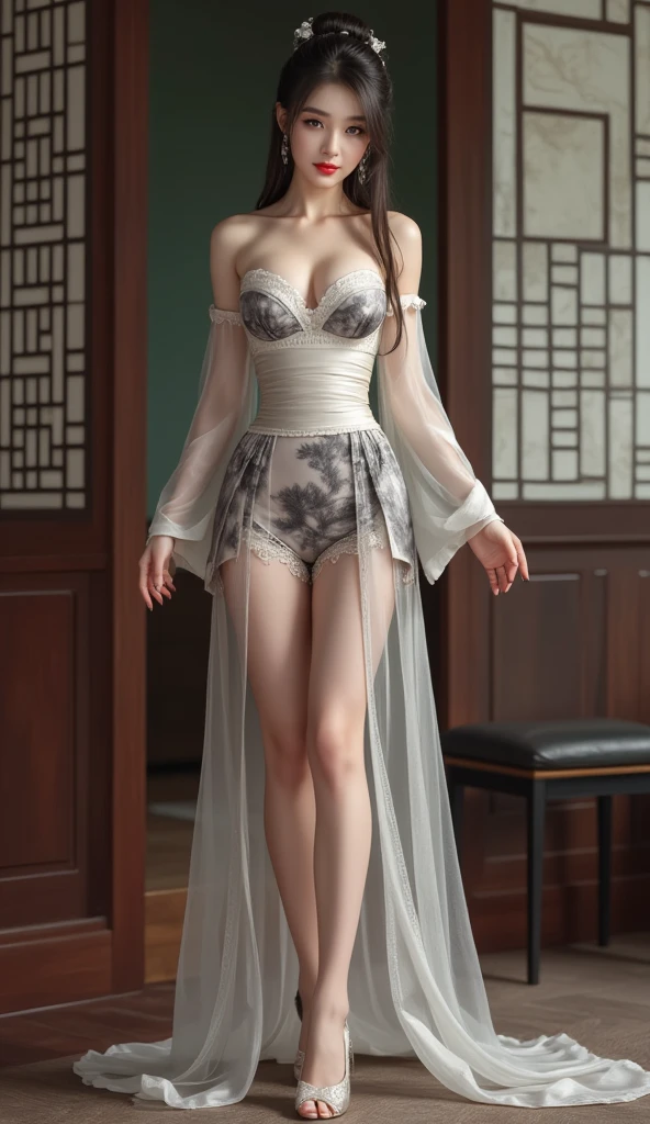 ((( Show the full model from vieweraster-piece))), (((beste-Qualit))), ((Very detail)), (exaggerate.), (highly detailed CG illustration), Cinematic lighting, Realistic as a photo ,very beautiful girl., (Beautiful face and lips), light makeup, Big breasts, Pictures with complex details, red jacket, sword, trending on artstation (Show a full body standing pose..) (Realistic, Watch Movies) (low angle) (Realistic backgrounds)(Use a 200mm focus lens. F2 aperture.0)(Show 2 full legs.) (bestquality, 10, master-piece :1.3), (Realistic, photorealistic portrait: 1.37), (1 beautiful young woman between 18-20 years old.), (slim), (Focus on the slender abdomen..... :1.3), (korea), (Lace wrapped around the chest, lace bra), (long shawl), (short skirt, Emphasize her legs., High groove), (high heels), (random pose), (chesty, exposed cleavage), ((dark-brown hair, long-haired)), [{exquisite facial features, Open the show, fantasy, Slender Figure, Super Fine Face, Fine Eyes, 二重まぶた}], (long-haired, random hairstyle), (large boobs :1.3), (outdoor), (Ultra-detailed face), (detailed eyes), (二重まぶた), (Eyeshadow makes eyelashes look thicker.....), (elongated legs, Heel Height), (((Whole body))), (Professional lighting), (photons mapping), (radiosity), (Look directly at the audience.............)
