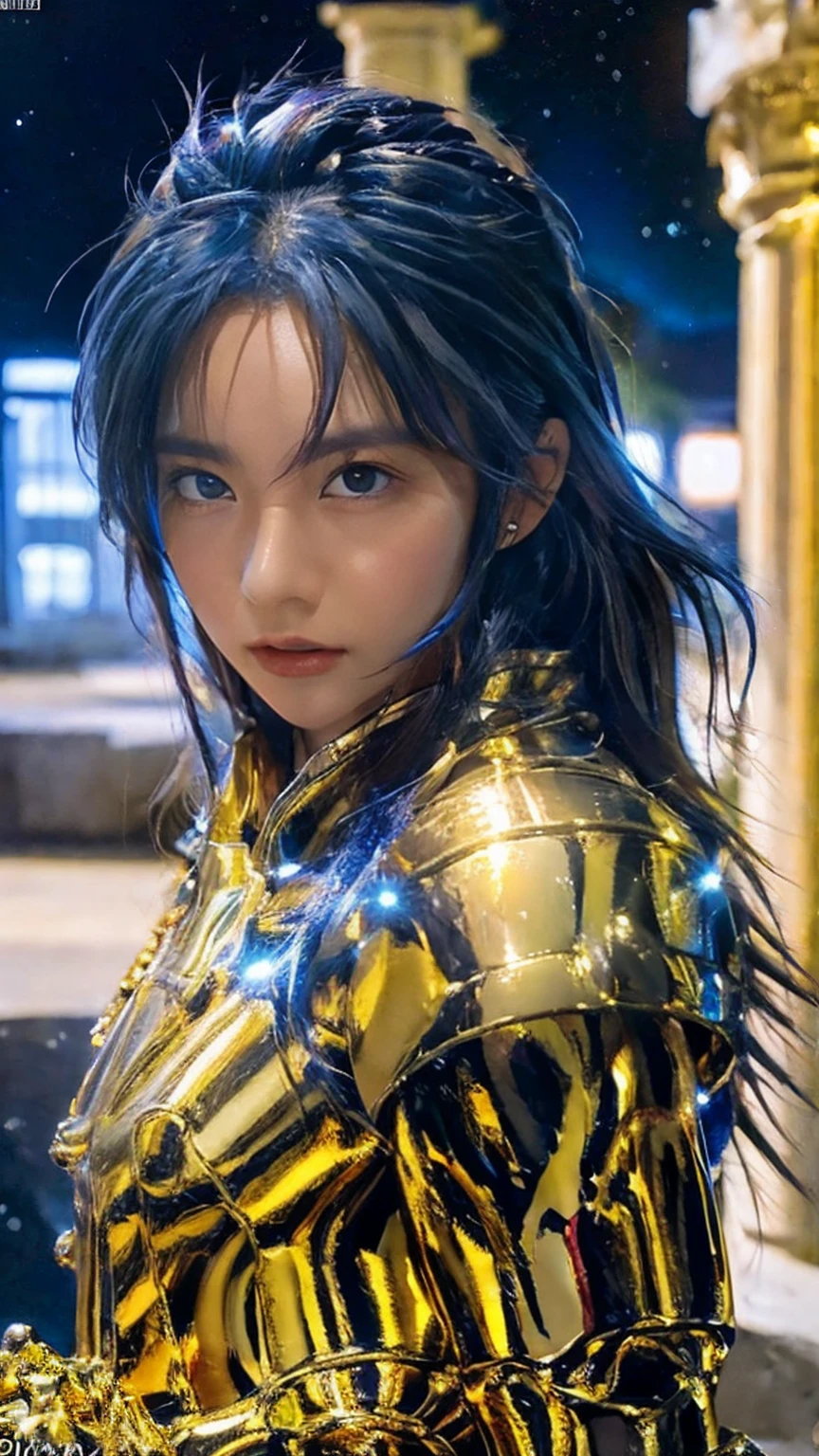 masterpiece,  please redeem , (超 high definition), Realistic skin texture,  Armature , (Realistic:1.4),  high definition, RAW photo,  1 girl, shiny skin, ( Detailed Skin :1.2), Realistic skin texture, Best writing, Wearing blue pants,Shine, golden armor, (Long Hair:1.2),  Dramatic Lighting,  dynamic pose, ( Greek temple background:1.3), (Night Sky, Universe, milky way),(Disheveled Hair,, Detailed Beautiful Face ),光りShine鎧,( blue hair )