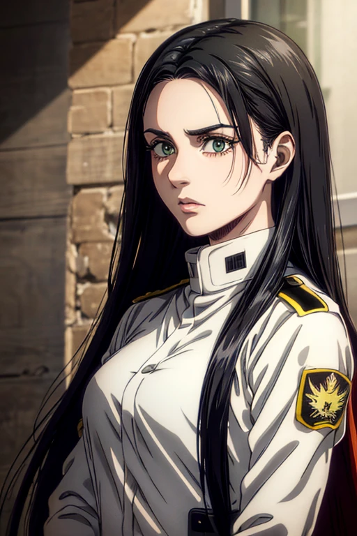 1 woman aged 35, long black hair, greeneyes, neutral expression, White military uniform, marley, liberia, Masterpiece artwork, best qualityer, retina, super detaill, 