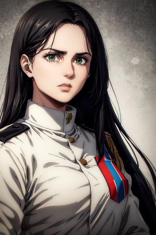 1 woman aged 35, long black hair, greeneyes, neutral expression, White military uniform, marley, liberia, Masterpiece artwork, best qualityer, retina, super detaill, 