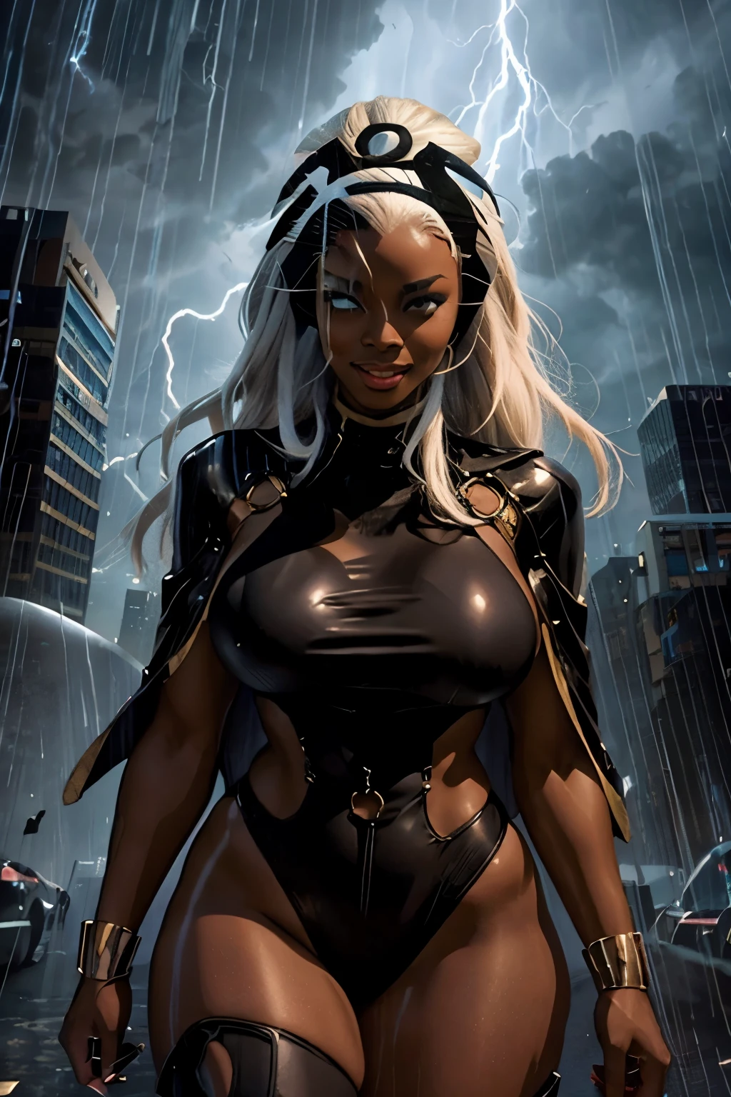 Storm（MARVEL）、Beautiful Black Woman、 smiling、Big Breasts、 sexy body 、in the City in Thunder Storm