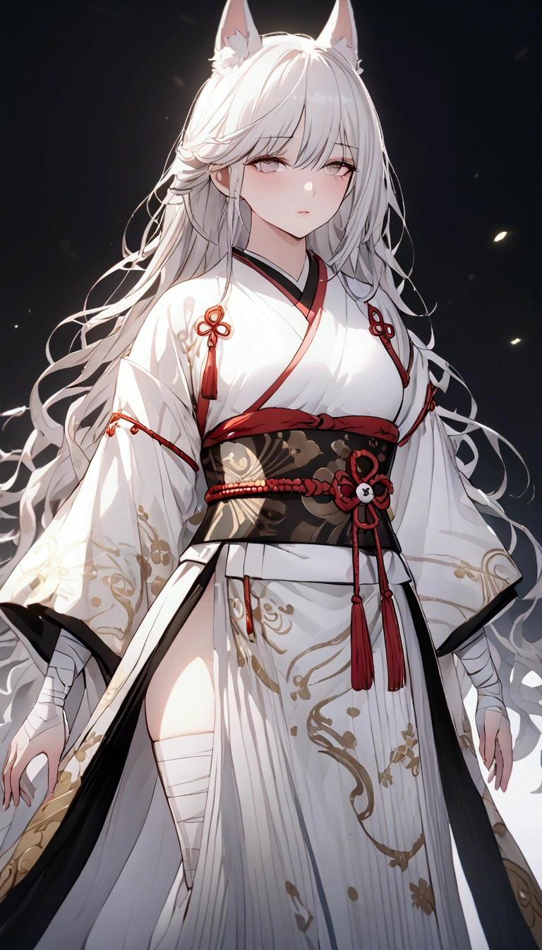 (Masterpiece. The best quality. 8K. Sharp focus. Depth of field, The best shadows. Perfect lighting. HDR. Realistic skin texture. Ultra-detailed background. Detail). Anime style. 1 girl. Kitsune. Samurai. White hair with pink ends. Long hair. Wavy hair. Tangled hair. Hair gathered in a ponytail. Beautiful hair. Ultra-detailed hair. Blind. Blind eyes. Blind eyes. Eyes covered with a whitish film. White eyes. Eyes without zolia. Beautiful eyes. Beautiful eyes. Expressive eyes. Ultra-detailed eyes. Perfect face. Beautiful face. Cute face. Beautiful nose. Thin lips. Ultra-detailed face. Perfect anatomical body. ish body. Slender figure. Tall. Slender waist. B-size breasts. Small breasts. Beautiful breasts.  Rounded hips. Beautiful, long arms. Bandaged arms. Arms in bandages. Beautiful, long legs. Bandaged legs. Legs in bandages. Ultra-detailed arms. Ultra-detailed legs. Ultra-detailed body. Ultra-detailed breasts. Ultra-detailed crotch. White kimono, ornamented with sakura petals. Wide obi belt on the waist. Goethe sandals on the feet. Ultra-detailed clothes. Katana on the belt. Girl casts in full growth. Girl stands in full growth. Holds one hand on the hilt of the katana. No background. White background. No wallpaper. White wallpaper. Full body. Ultra-detailed graphics. Ultra-detailed picture. Highest resolution.