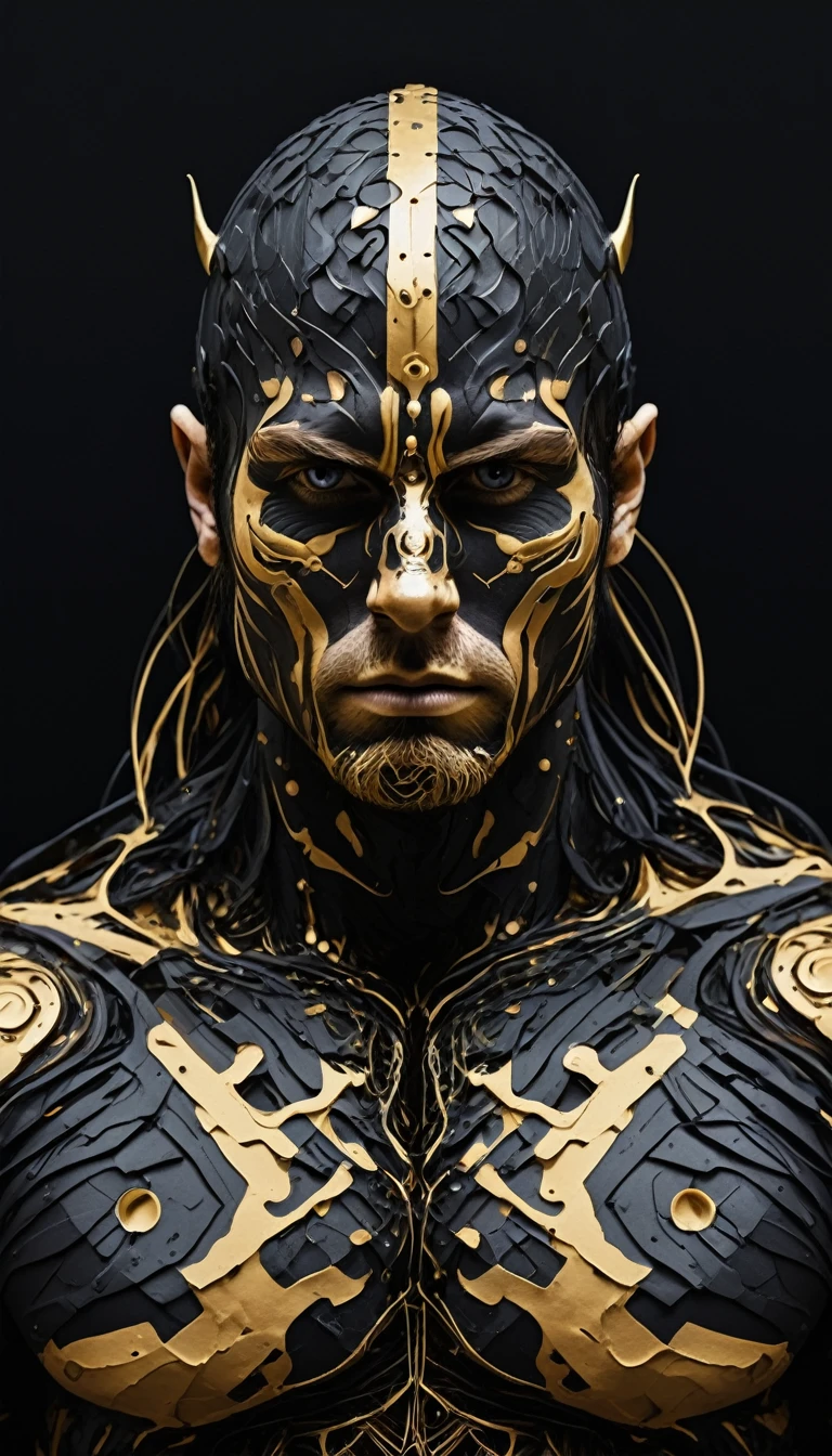 1body, a black and gold photo of a viking's body, digital art, generative art, abstract painting,expressive digital art, portrait of an viking, abstract album cover, intertwined a dissolving, staring, messy, revolutionary new androids