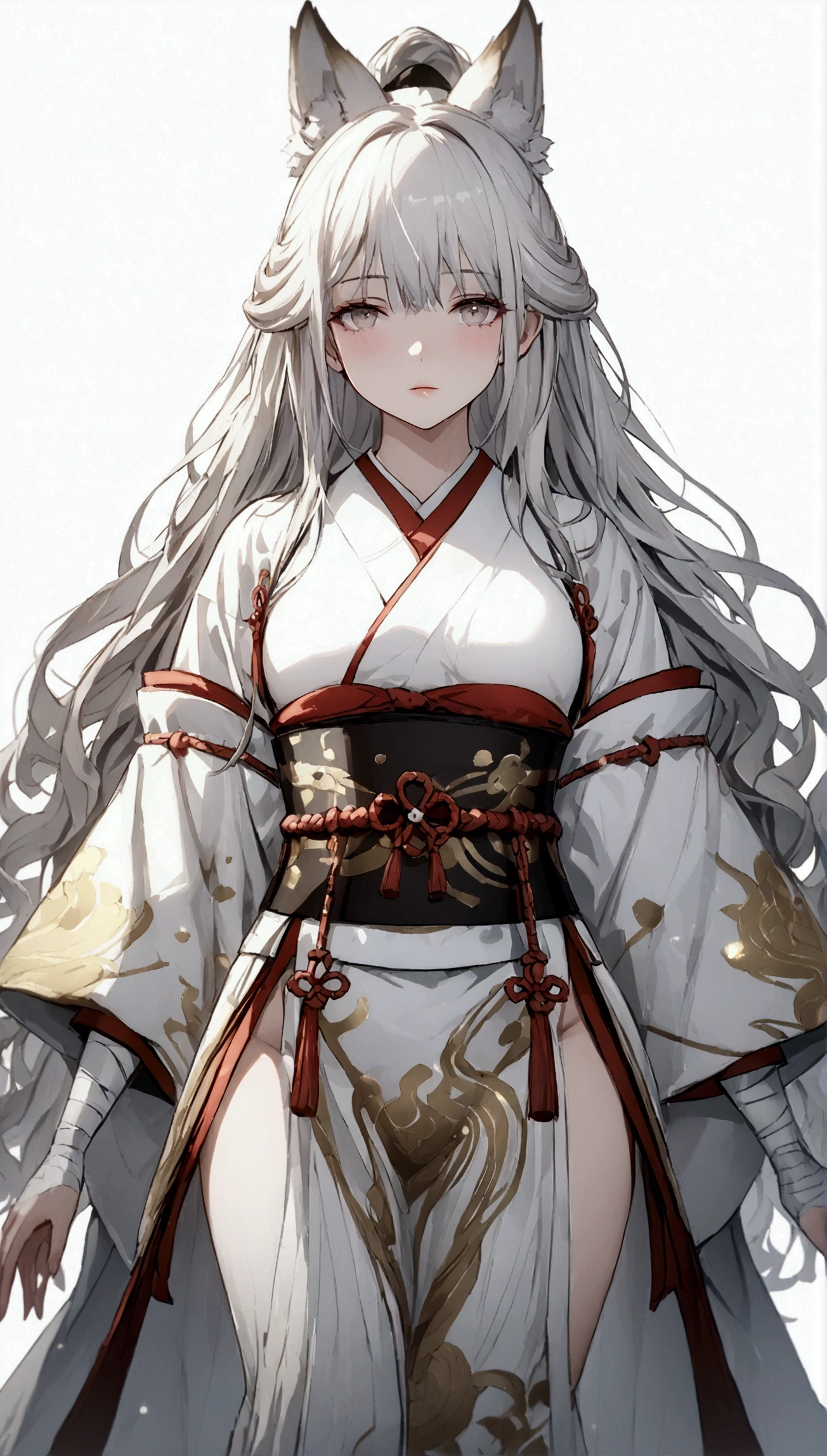 (Masterpiece. The best quality. 8K. Sharp focus. Depth of field, The best shadows. Perfect lighting. HDR. Realistic skin texture. Ultra-detailed background. Detail). Anime style. 1 girl. Kitsune. Samurai. White hair with pink ends. Long hair. Wavy hair. Tangled hair. Hair gathered in a ponytail. Beautiful hair. Ultra-detailed hair. Blind. Blind eyes. Blind eyes. Eyes covered with a whitish film. White eyes. Eyes without zolia. Beautiful eyes. Beautiful eyes. Expressive eyes. Ultra-detailed eyes. Perfect face. Beautiful face. Cute face. Beautiful nose. Thin lips. Ultra-detailed face. Perfect anatomical body. ish body. Slender figure. Tall. Slender waist. B-size breasts. Small breasts. Beautiful breasts.  Rounded hips. Beautiful, long arms. Bandaged arms. Arms in bandages. Beautiful, long legs. Bandaged legs. Legs in bandages. Ultra-detailed arms. Ultra-detailed legs. Ultra-detailed body. Ultra-detailed breasts. Ultra-detailed crotch. White kimono, ornamented with sakura petals. Wide obi belt on the waist. Goethe sandals on the feet. Ultra-detailed clothes. Katana on the belt. Girl casts in full growth. Girl stands in full growth. Holds one hand on the hilt of the katana. No background. White background. No wallpaper. White wallpaper. Full body. Ultra-detailed graphics. Ultra-detailed picture. Highest resolution.