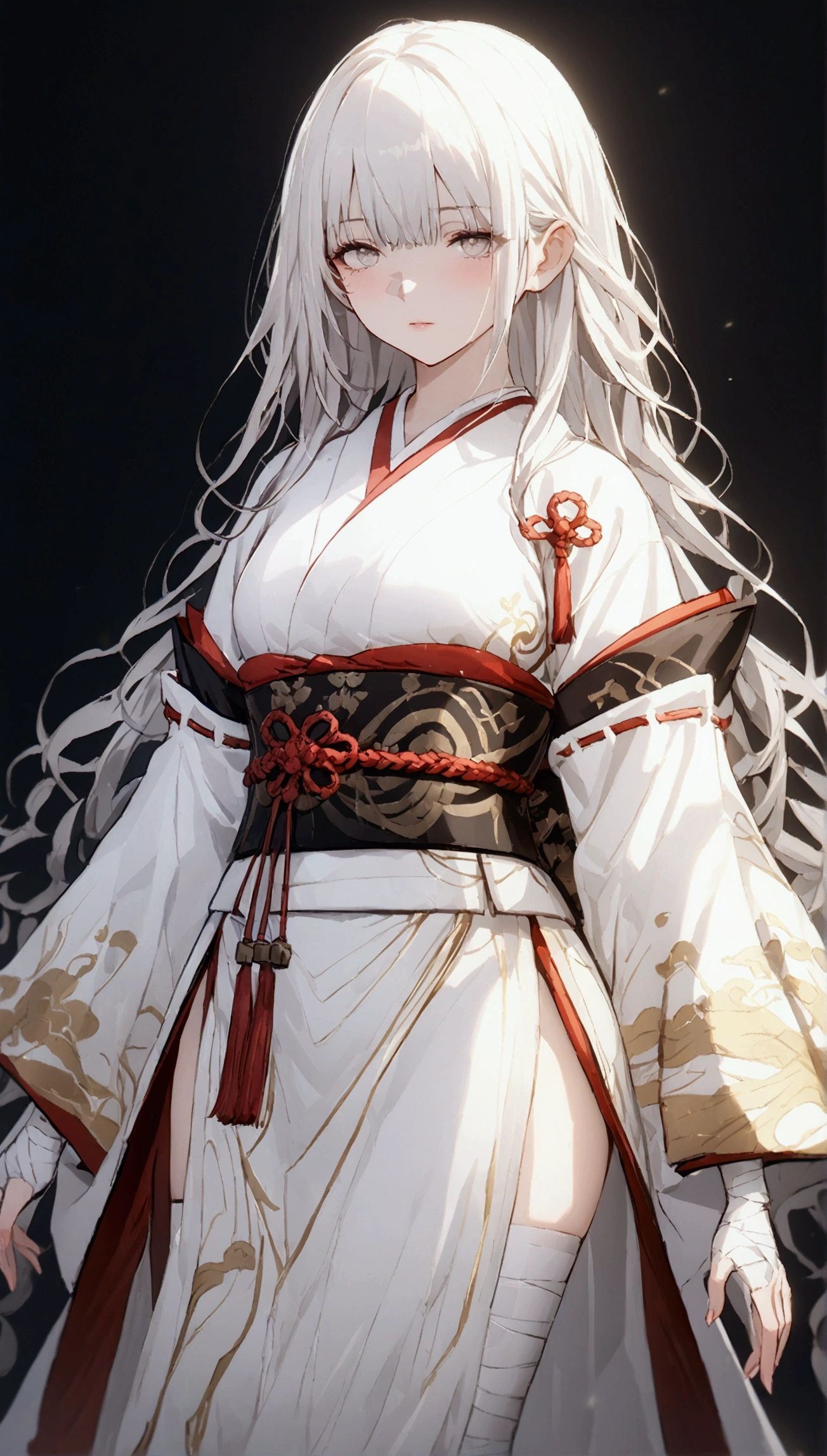 (Masterpiece. The best quality. 8K. Sharp focus. Depth of field, The best shadows. Perfect lighting. HDR. Realistic skin texture. Ultra-detailed background. Detail). Anime style. 1 girl. Kitsune. Samurai. White hair with pink ends. Long hair. Wavy hair. Tangled hair. Hair gathered in a ponytail. Beautiful hair. Ultra-detailed hair. Blind. Blind eyes. Blind eyes. Eyes covered with a whitish film. White eyes. Eyes without zolia. Beautiful eyes. Beautiful eyes. Expressive eyes. Ultra-detailed eyes. Perfect face. Beautiful face. Cute face. Beautiful nose. Thin lips. Ultra-detailed face. Perfect anatomical body. ish body. Slender figure. Tall. Slender waist. B-size breasts. Small breasts. Beautiful breasts.  Rounded hips. Beautiful, long arms. Bandaged arms. Arms in bandages. Beautiful, long legs. Bandaged legs. Legs in bandages. Ultra-detailed arms. Ultra-detailed legs. Ultra-detailed body. Ultra-detailed breasts. Ultra-detailed crotch. White kimono, ornamented with sakura petals. Wide obi belt on the waist. Goethe sandals on the feet. Ultra-detailed clothes. Katana on the belt. Girl casts in full growth. Girl stands in full growth. Holds one hand on the hilt of the katana. No background. White background. No wallpaper. White wallpaper. Full body. Ultra-detailed graphics. Ultra-detailed picture. Highest resolution.