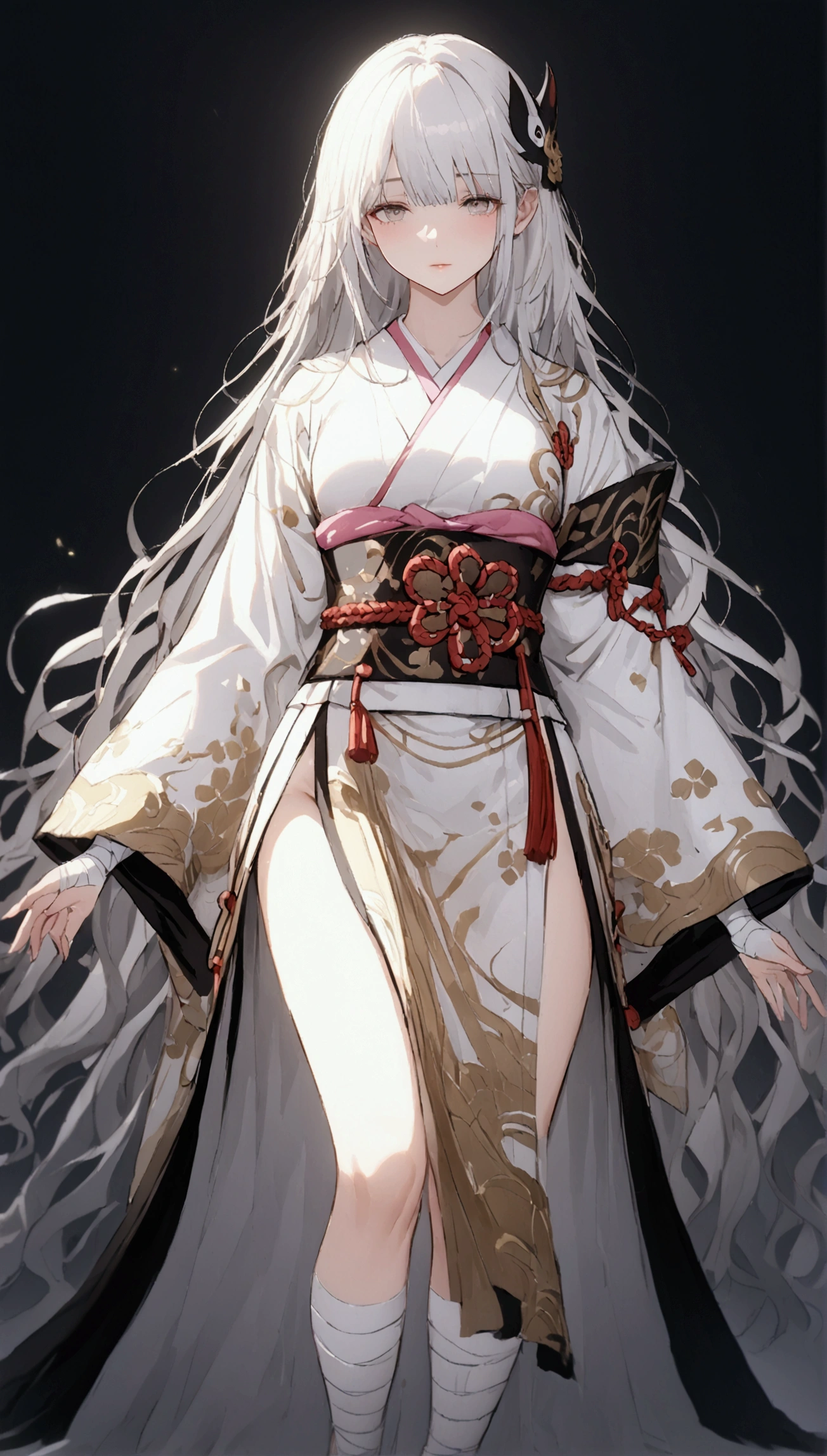 (Masterpiece. The best quality. 8K. Sharp focus. Depth of field, The best shadows. Perfect lighting. HDR. Realistic skin texture. Ultra-detailed background. Detail). Anime style. 1 girl. Kitsune. Samurai. White hair with pink ends. Long hair. Wavy hair. Tangled hair. Hair gathered in a ponytail. Beautiful hair. Ultra-detailed hair. Blind. Blind eyes. Blind eyes. Eyes covered with a whitish film. White eyes. Eyes without zolia. Beautiful eyes. Beautiful eyes. Expressive eyes. Ultra-detailed eyes. Perfect face. Beautiful face. Cute face. Beautiful nose. Thin lips. Ultra-detailed face. Perfect anatomical body. ish body. Slender figure. Tall. Slender waist. B-size breasts. Small breasts. Beautiful breasts.  Rounded hips. Beautiful, long arms. Bandaged arms. Arms in bandages. Beautiful, long legs. Bandaged legs. Legs in bandages. Ultra-detailed arms. Ultra-detailed legs. Ultra-detailed body. Ultra-detailed breasts. Ultra-detailed crotch. White kimono, ornamented with sakura petals. Wide obi belt on the waist. Goethe sandals on the feet. Ultra-detailed clothes. Katana on the belt. Girl casts in full growth. Girl stands in full growth. Holds one hand on the hilt of the katana. No background. White background. No wallpaper. White wallpaper. Full body. Ultra-detailed graphics. Ultra-detailed picture. Highest resolution.