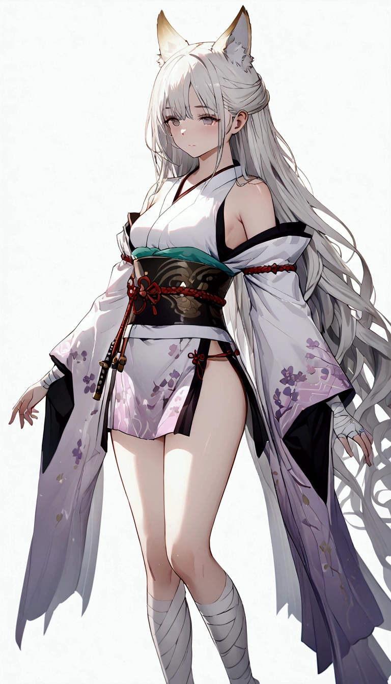 (Masterpiece. The best quality. 8K. Sharp focus. Depth of field, The best shadows. Perfect lighting. HDR. Realistic skin texture. Ultra-detailed background. Detail). Anime style. 1 girl. Kitsune. Samurai. White hair with pink ends. Long hair. Wavy hair. Tangled hair. Hair gathered in a ponytail. Beautiful hair. Ultra-detailed hair. Blind. Blind eyes. Blind eyes. Eyes covered with a whitish film. White eyes. Eyes without zolia. Beautiful eyes. Beautiful eyes. Expressive eyes. Ultra-detailed eyes. Perfect face. Beautiful face. Cute face. Beautiful nose. Thin lips. Ultra-detailed face. Perfect anatomical body. ish body. Slender figure. Tall. Slender waist. B-size breasts. Small breasts. Beautiful breasts.  Rounded hips. Beautiful, long arms. Bandaged arms. Arms in bandages. Beautiful, long legs. Bandaged legs. Legs in bandages. Ultra-detailed arms. Ultra-detailed legs. Ultra-detailed body. Ultra-detailed breasts. Ultra-detailed crotch. White kimono, ornamented with sakura petals. Wide obi belt on the waist. Goethe sandals on the feet. Ultra-detailed clothes. Katana on the belt. Girl casts in full growth. Girl stands in full growth. Holds one hand on the hilt of the katana. No background. White background. No wallpaper. White wallpaper. Full body. Ultra-detailed graphics. Ultra-detailed picture. Highest resolution.