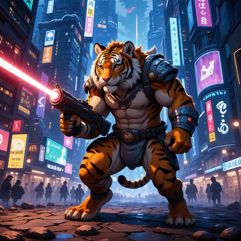 cyberpunk tiger warrior, neon lights, futuristic city, holding laser gun, concept art, highly detailed, 8k, ultra-detailed, photorealistic, hyper-realistic, volumetric lighting, cinematic lighting, dramatic lighting, vivid colors, vibrant colors, intricate details, complex details, mechanical design, advanced technology, glowing elements, moody atmosphere, dynamic pose, epic, dramatic, niji6, niji5, cinematic composition, masterpiece, Japanese anime illustration