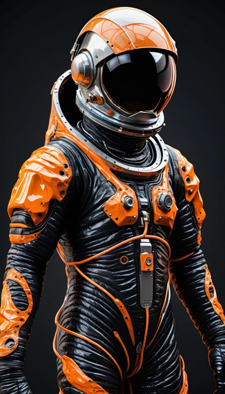 1body, a black and orange photo of a astronaut's body, digital art, generative art, abstract painting,expressive digital art, astronaut abstract  cover, intertwined a dissolving, staring, messy, revolutionary new androids