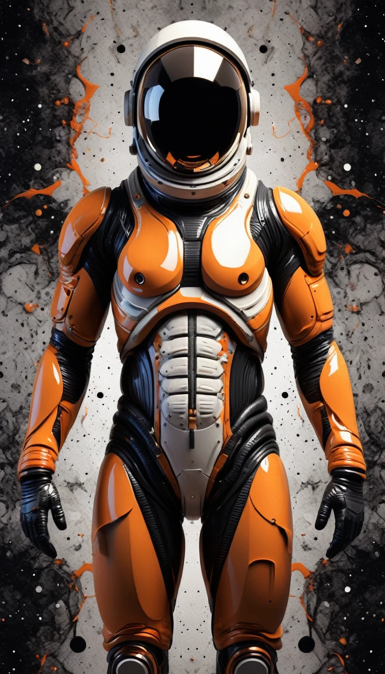 1body, a black and orange photo of a astronaut's body, digital art, generative art, abstract painting,expressive digital art, astronaut abstract  cover, intertwined a dissolving, staring, messy, revolutionary new androids