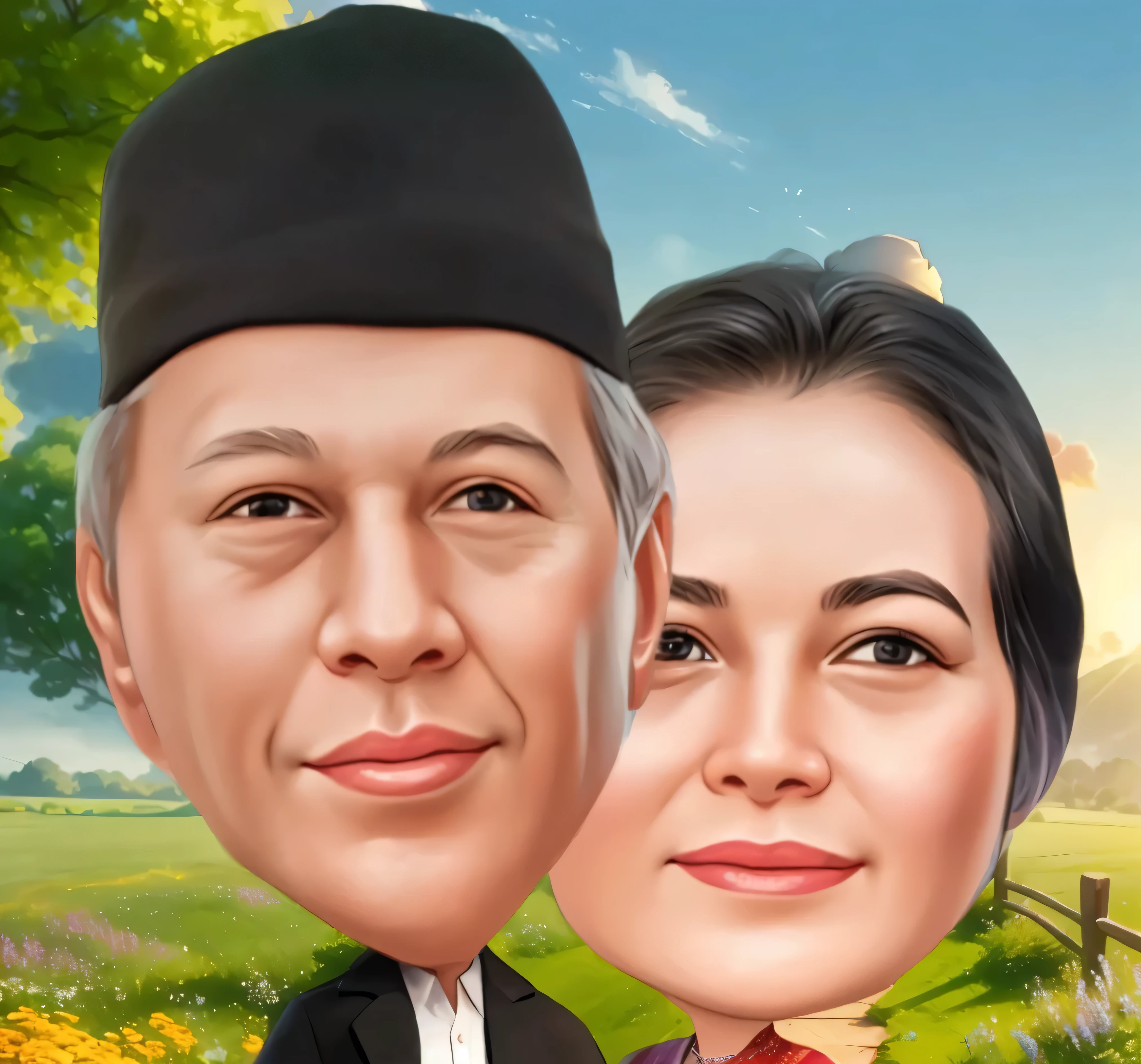 Grandpa wears a black cap and grandma wears a Javanese bun in her hair, arafed image of a couple in a field with a tree, caricature illustration, caricature style, caricature, cartoon digital painting, cartoon portrait, detailed portrait, classic portrait, digital cartoon painting art, potrait, couple portrait, digital art cartoon, full protrait, cartoon digital art, high quality portrait, cartoon artstyle, couples portrait, nft portrait, caricature!!!