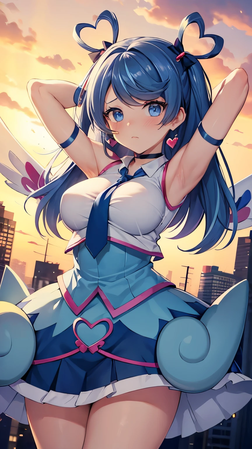 masterpiece, best quality, highres, heart hair ornament, ba1, 1girl, solo, jewelry, necktie, skirt, sleeveless, blue necktie, choker, breasts,(wide thighs:1.3),shirt, dress, blue skirt, skirt_ornament, wings, four-leaf clover_facial_tattoo, perfect eyes,sad,big  ,looking at viewer,top view,(standing), bracelet, Street,sunset, sad, ((perfect face)),perfect body, perfect  high definition,blush,(arms behind head)